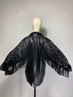 1980s Claude Montana Black Leather Fringed Dolman Jacket w Western Stitching