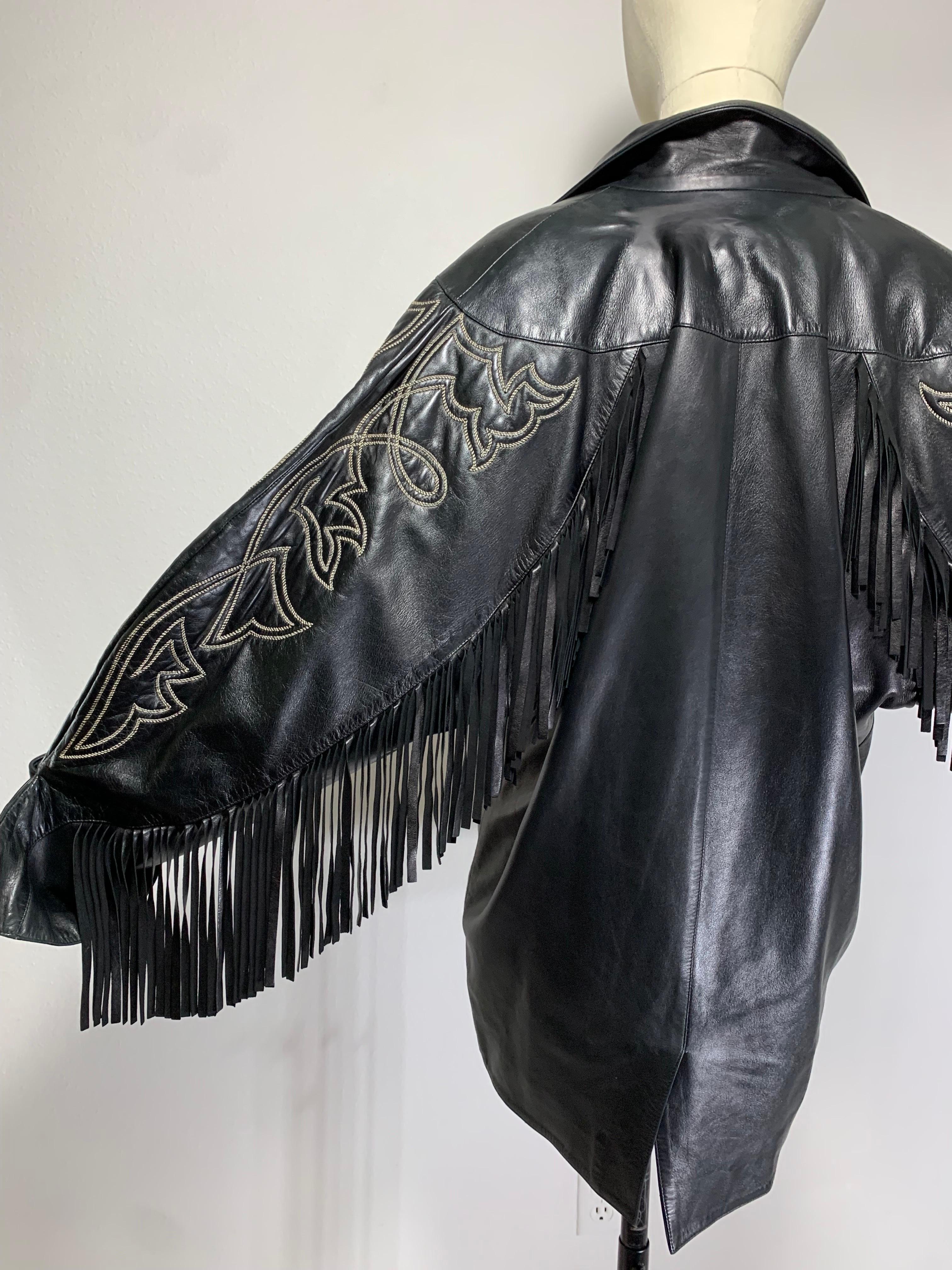 1980s Claude Montana Black Leather Fringed Dolman Jacket w Western Stitch by Stitch   Excellent état - En vente à Gresham, OR