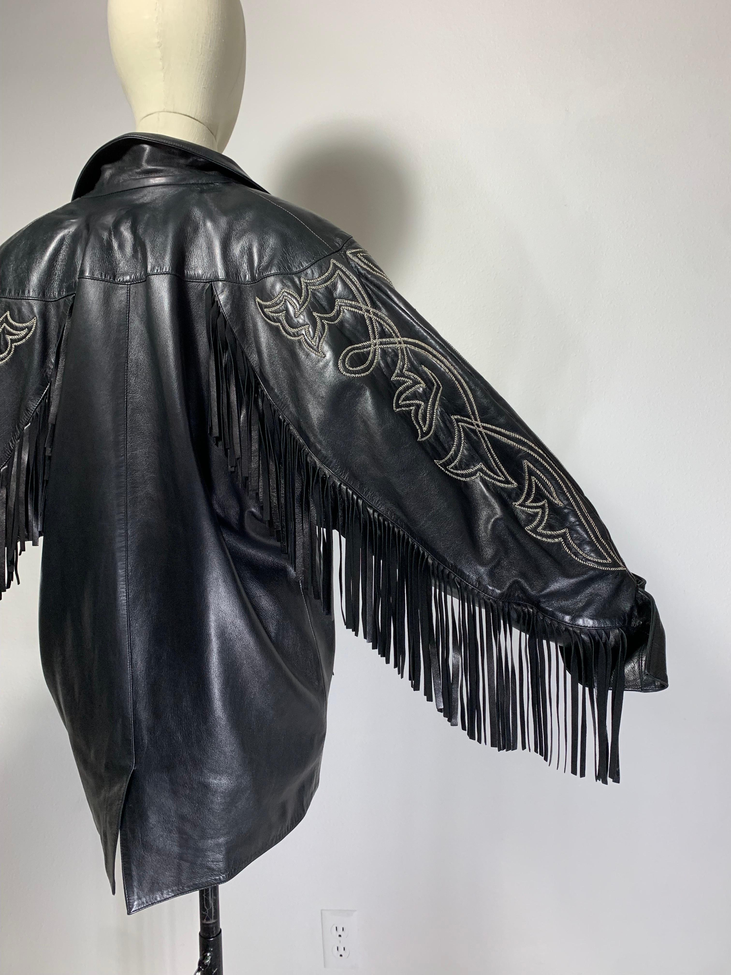 Women's or Men's 1980s Claude Montana Black Leather Fringed Dolman Jacket w Western Stitching   For Sale