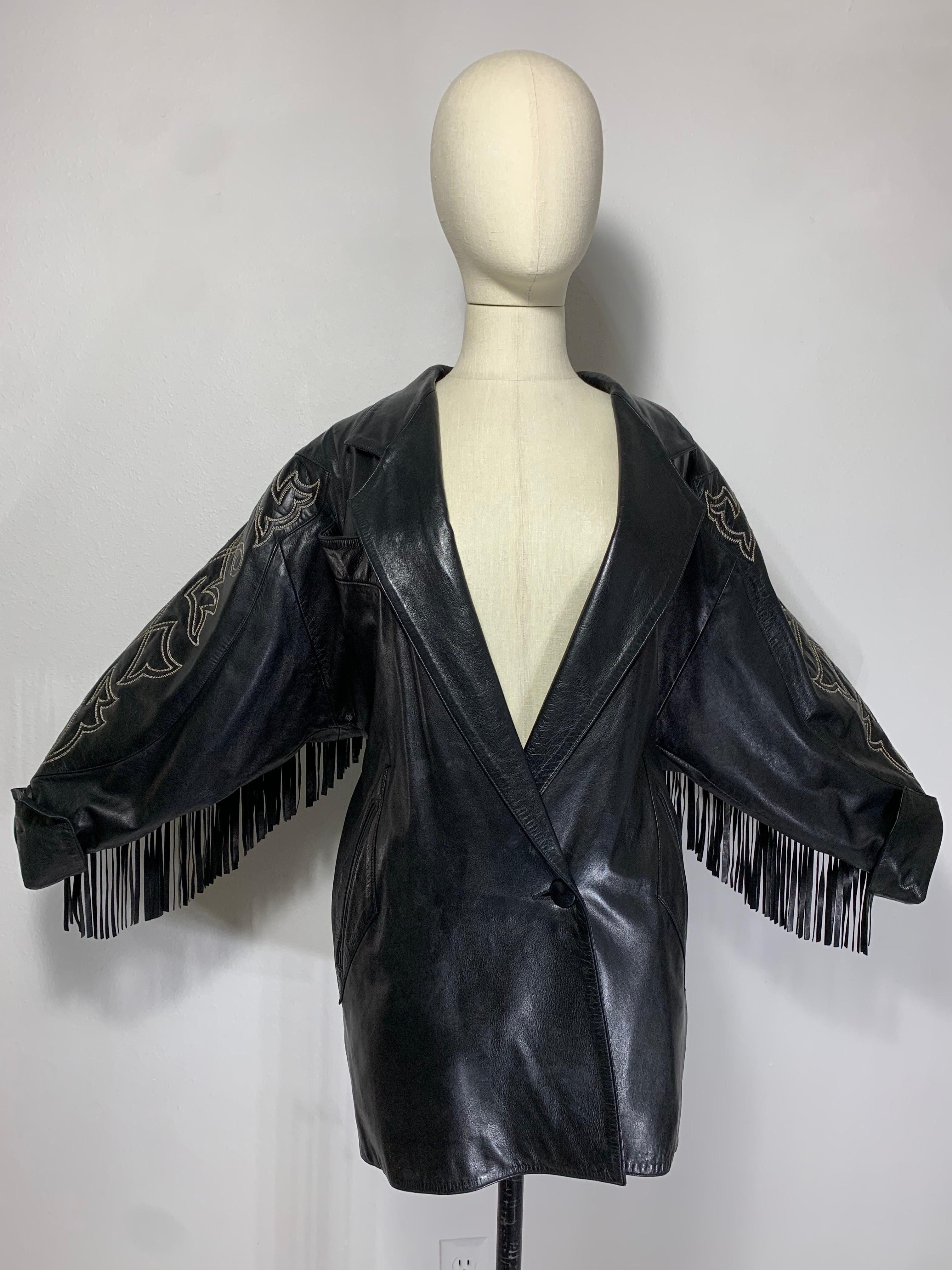 1980s Claude Montana Black Leather Fringed Dolman Jacket w Western Stitching   For Sale 1