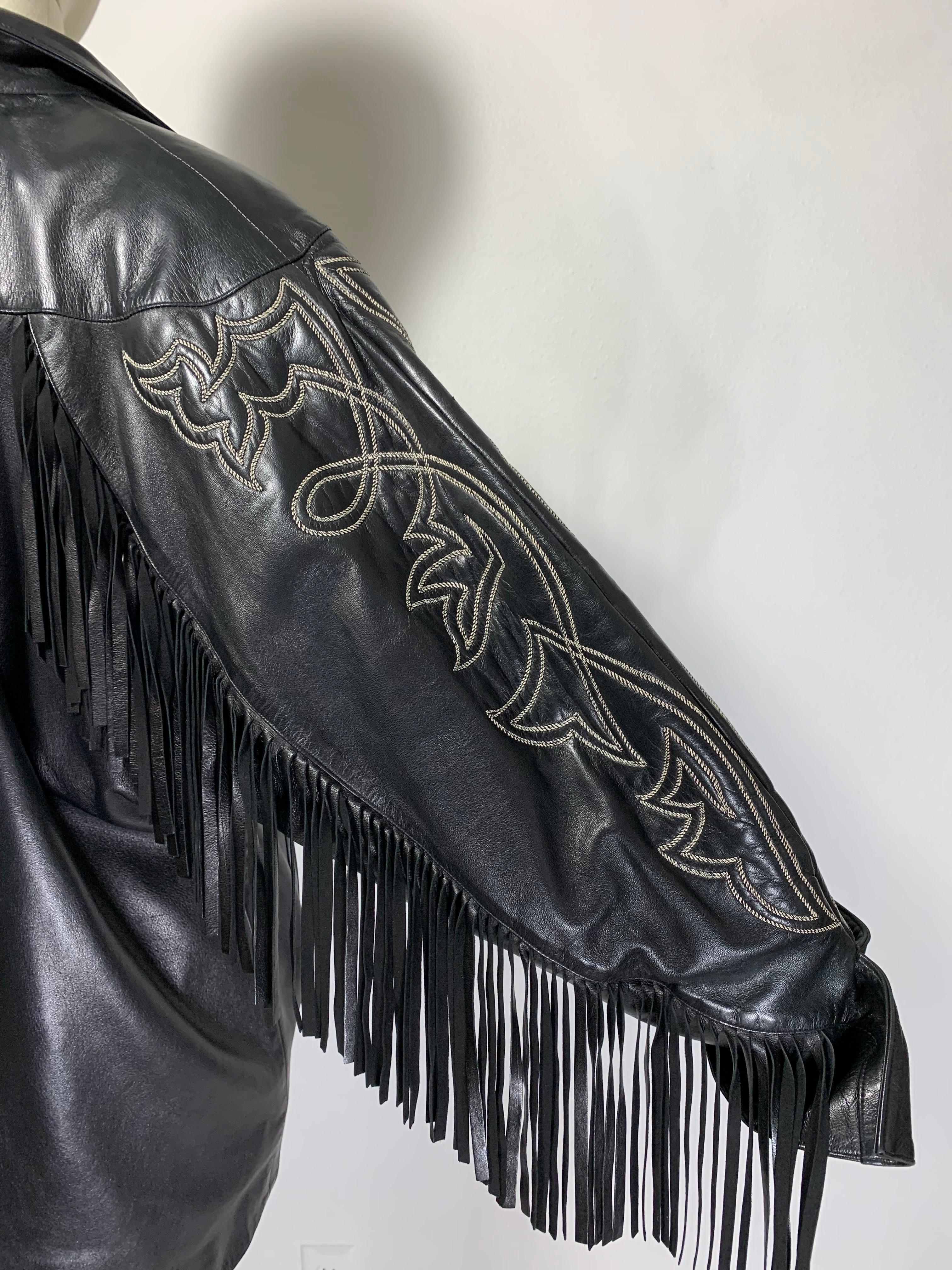 1980s Claude Montana Black Leather Fringed Dolman Jacket w Western Stitching   For Sale 2