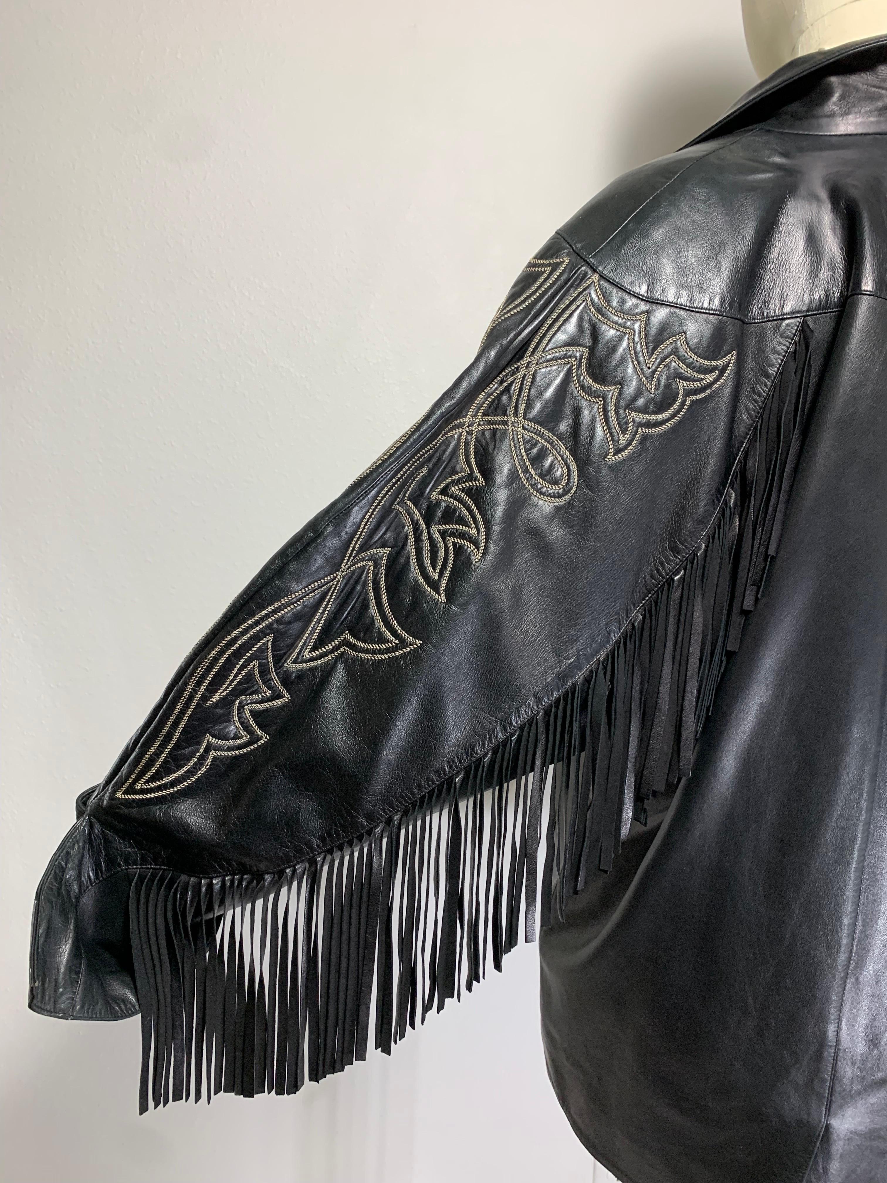 1980s Claude Montana Black Leather Fringed Dolman Jacket w Western Stitching   For Sale 3