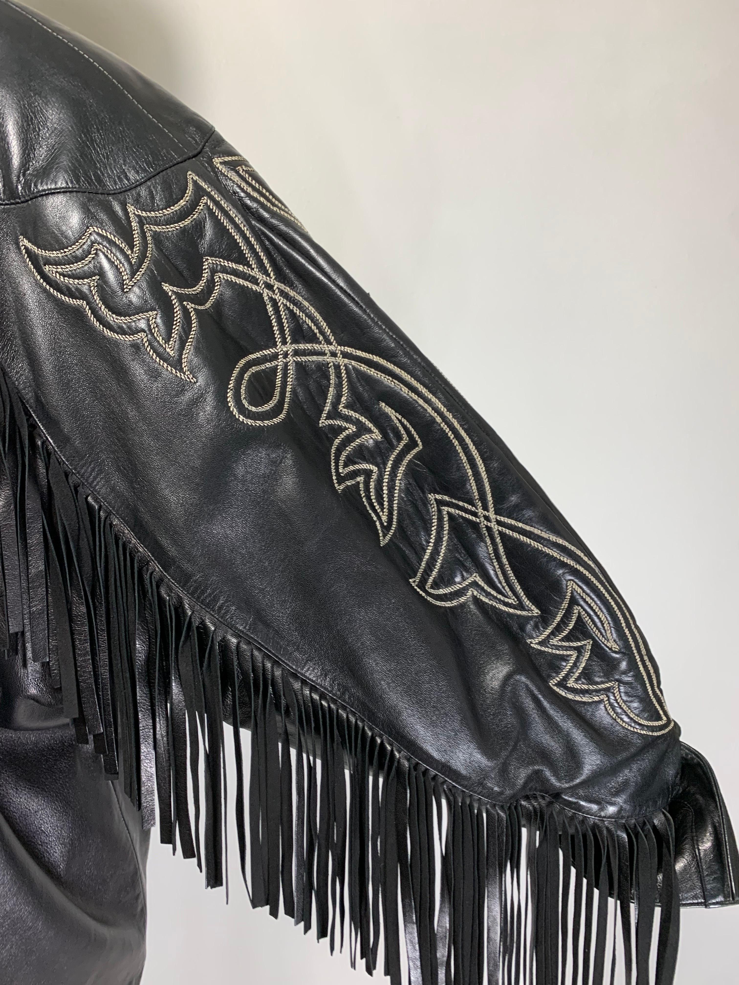 1980s Claude Montana Black Leather Fringed Dolman Jacket w Western Stitching   For Sale 4