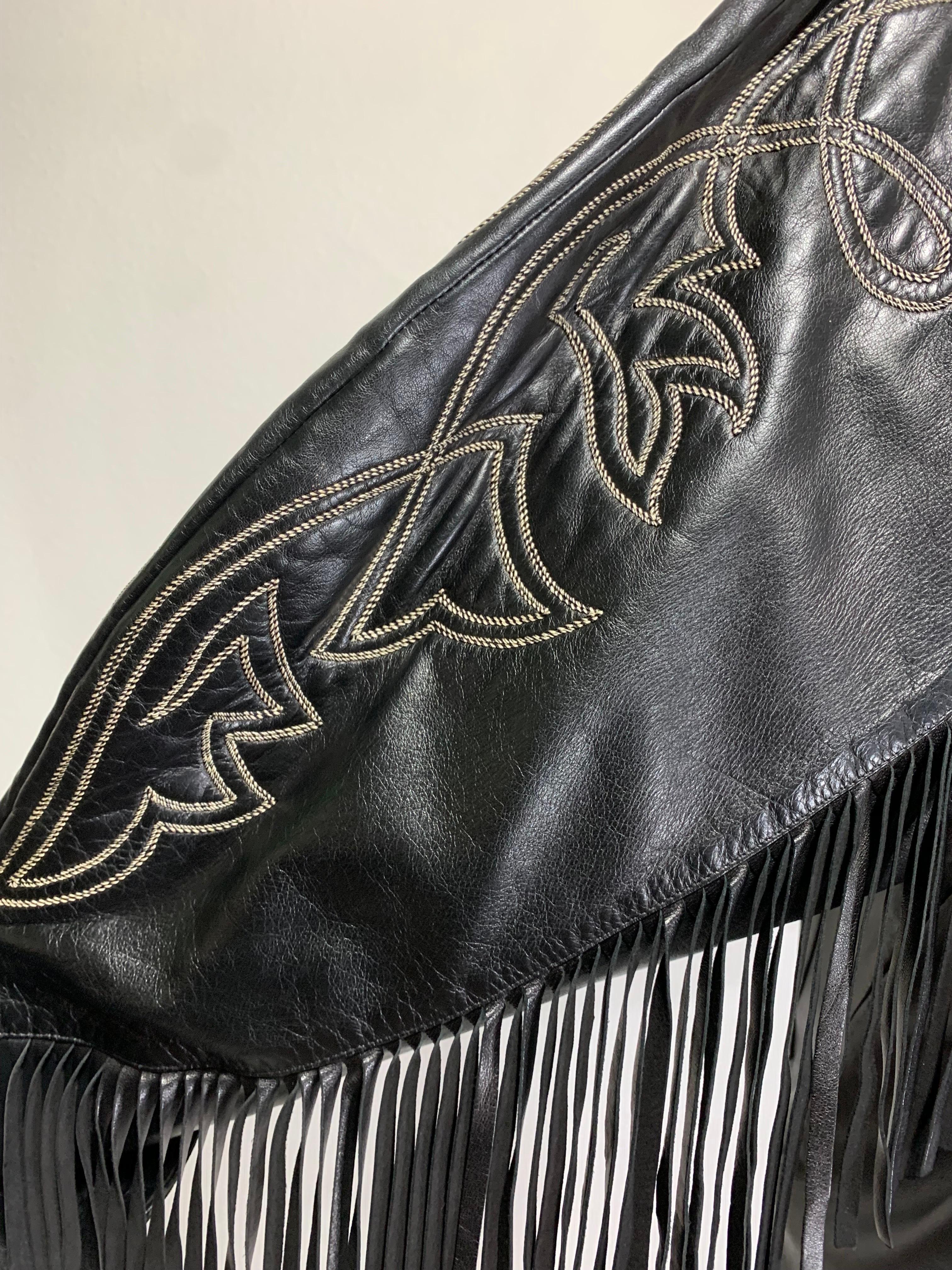 1980s Claude Montana Black Leather Fringed Dolman Jacket w Western Stitching   For Sale 5