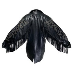 1980s Claude Montana Black Leather Fringed Dolman Jacket w Western Stitching