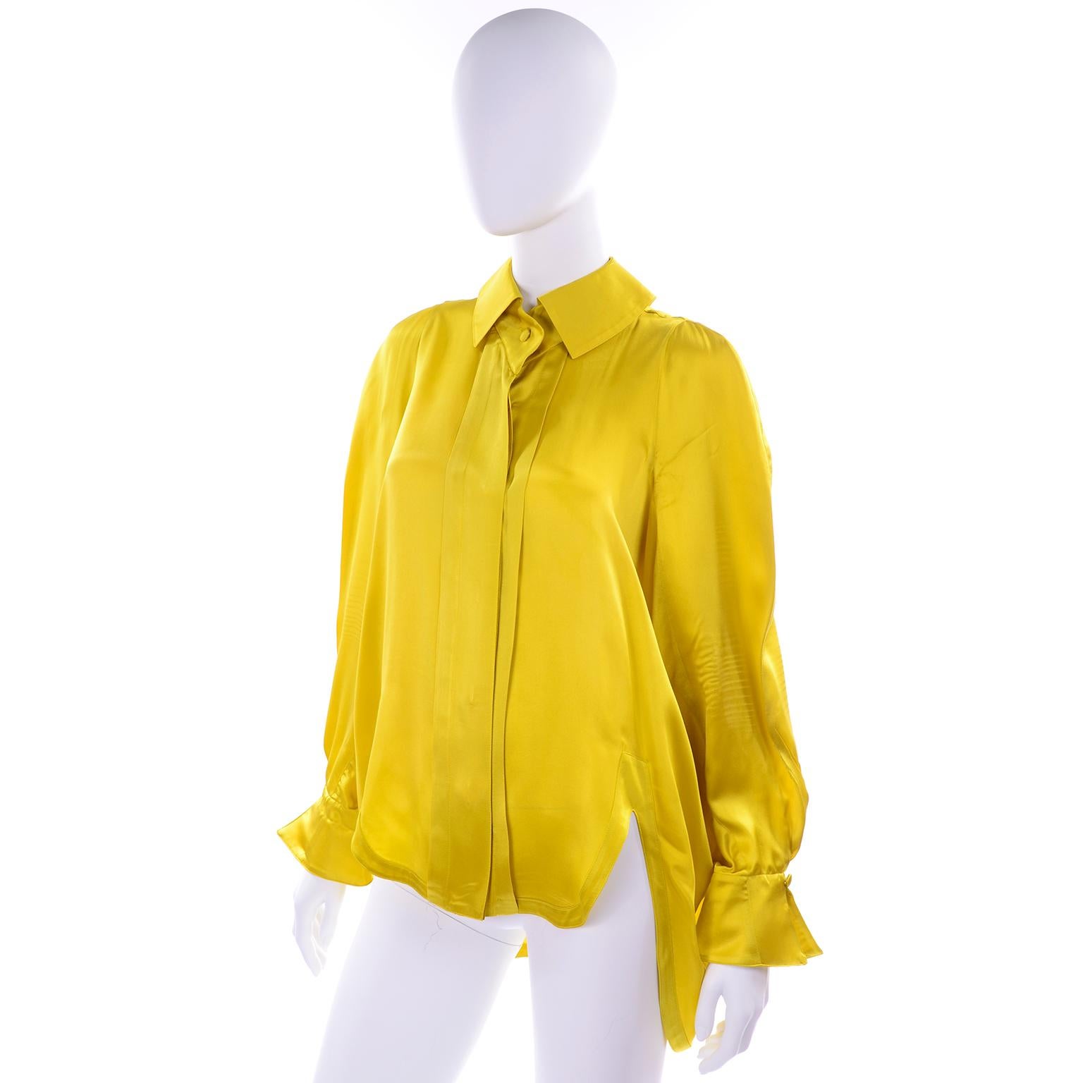 1980s Claude Montana Chartreuse Green Vintage Silk Blouse  In Excellent Condition In Portland, OR