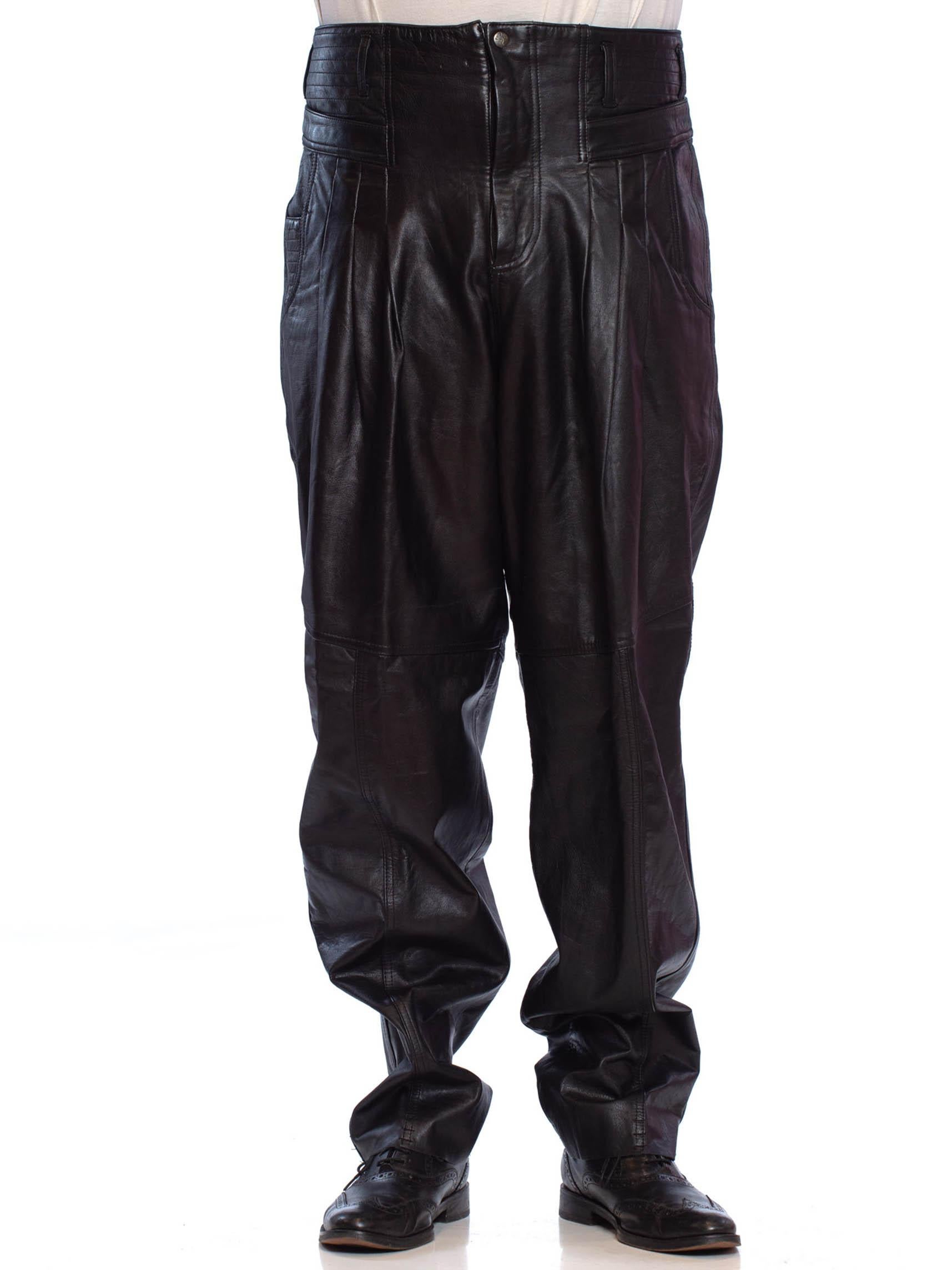 1980'S CLAUDE MONTANA Style Black Leather Men's New Wave High-Waisted Pleated Pants