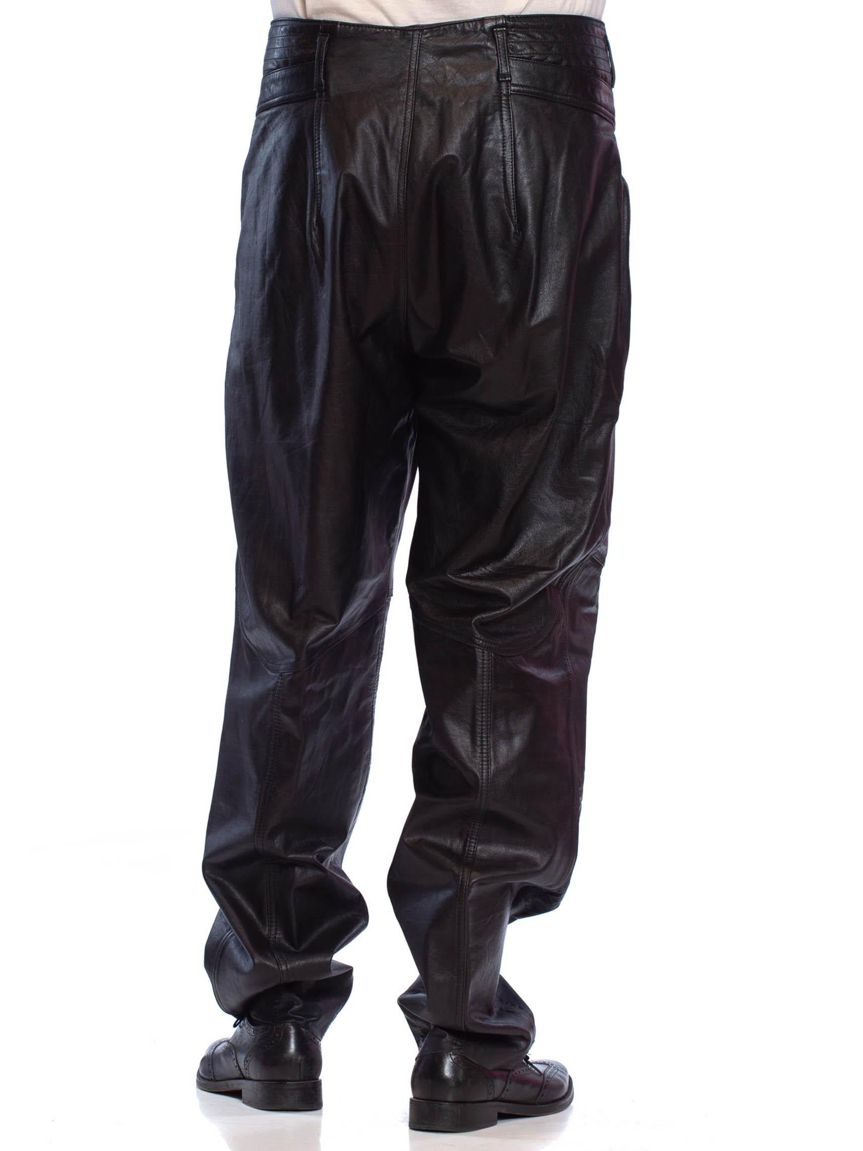 1980'S CLAUDE MONTANA Style Black Leather Men's New Wave High-Waisted Pleated Pa 1