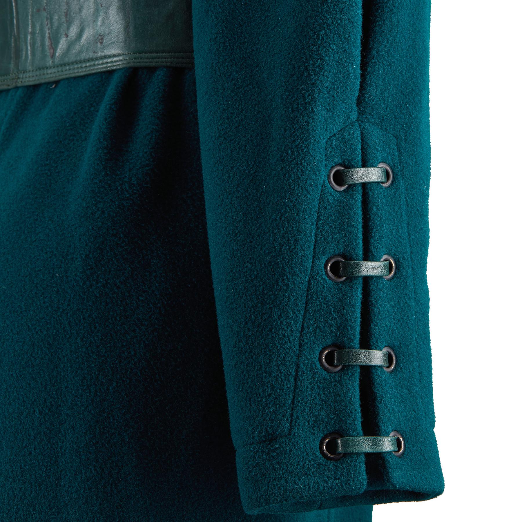 Blue 1980s Claude Montana Teal Green Wool Overcoat For Sale