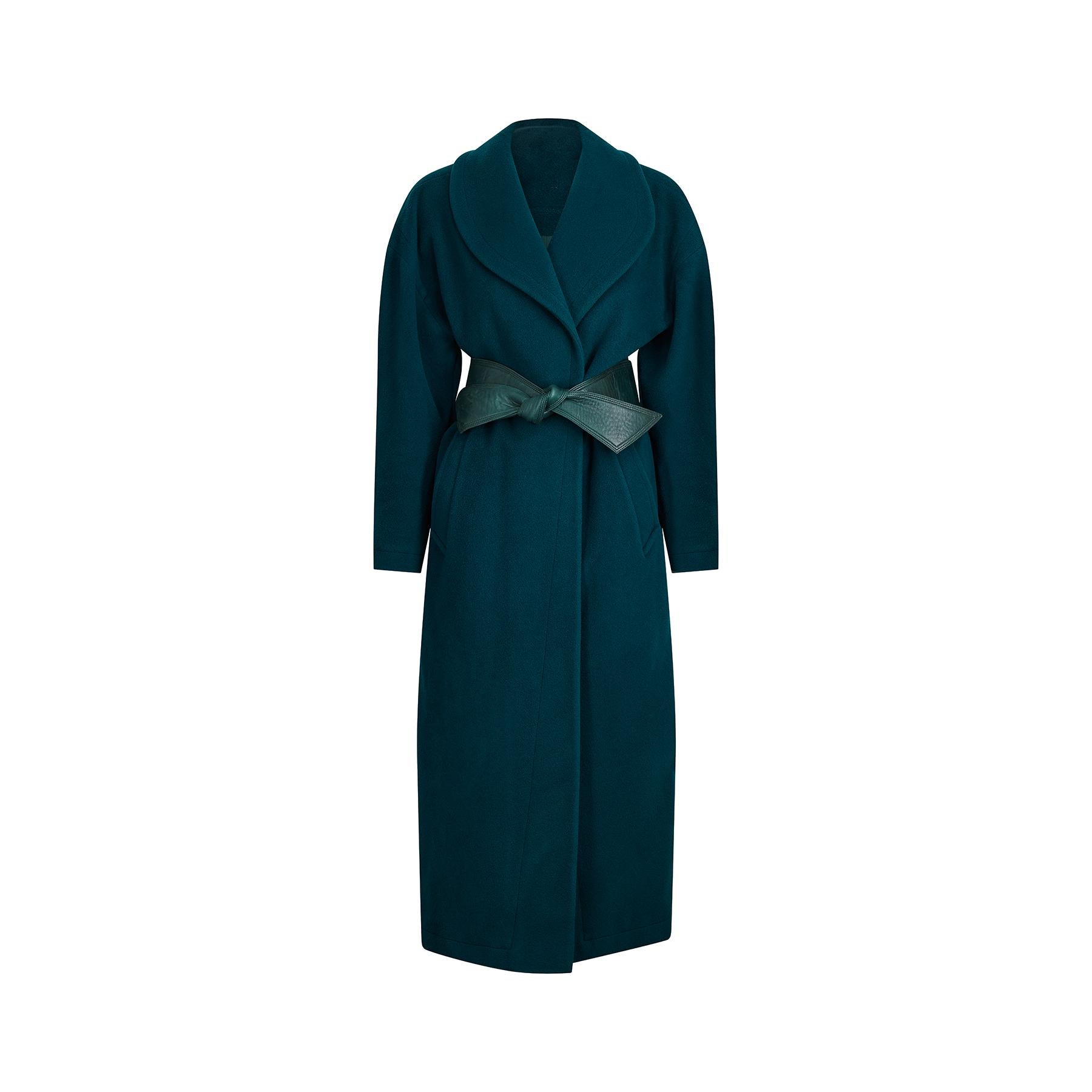 1980s Claude Montana Teal Green Wool Overcoat In Excellent Condition For Sale In London, GB