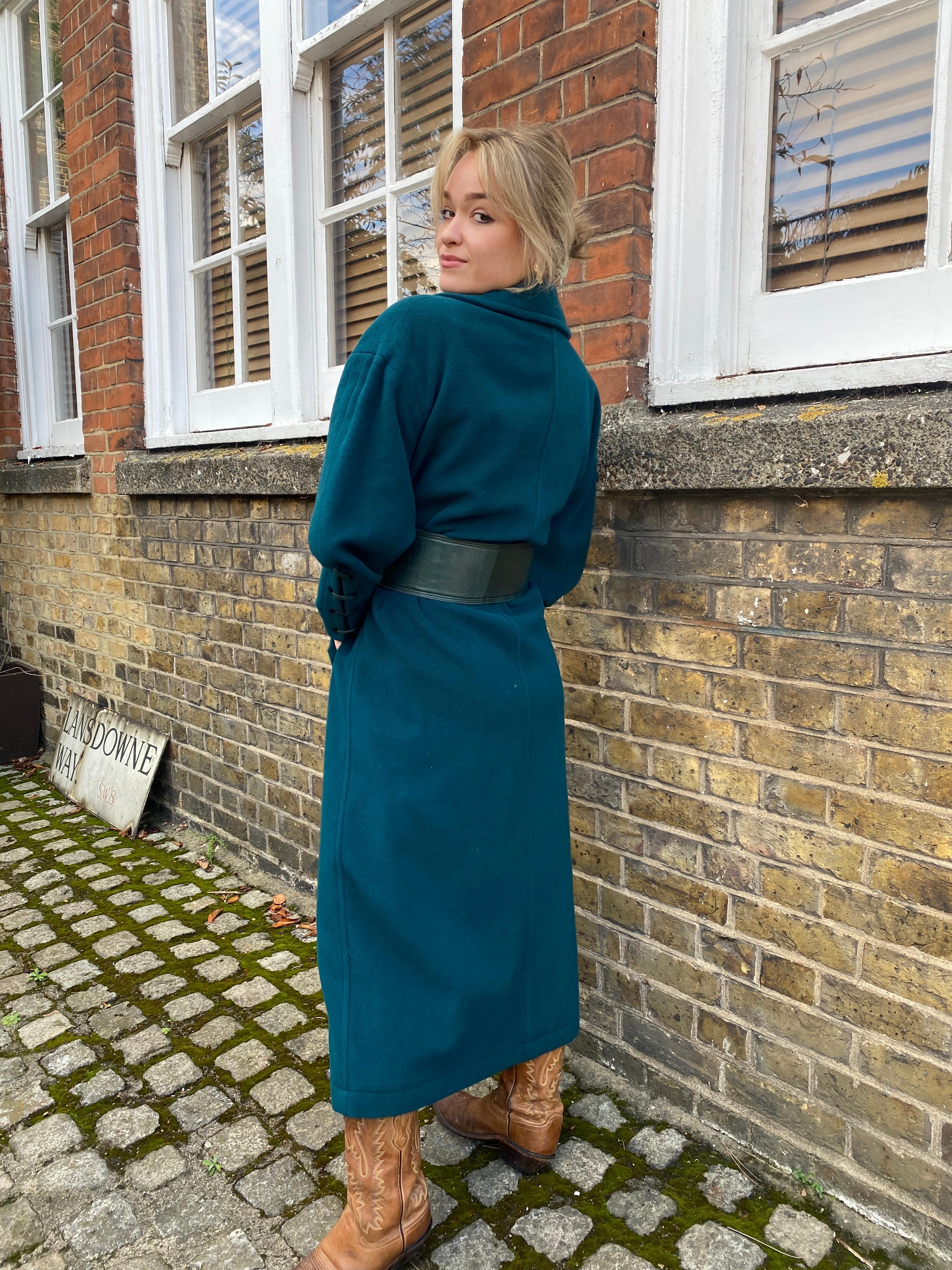 Women's 1980s Claude Montana Teal Green Wool Overcoat For Sale