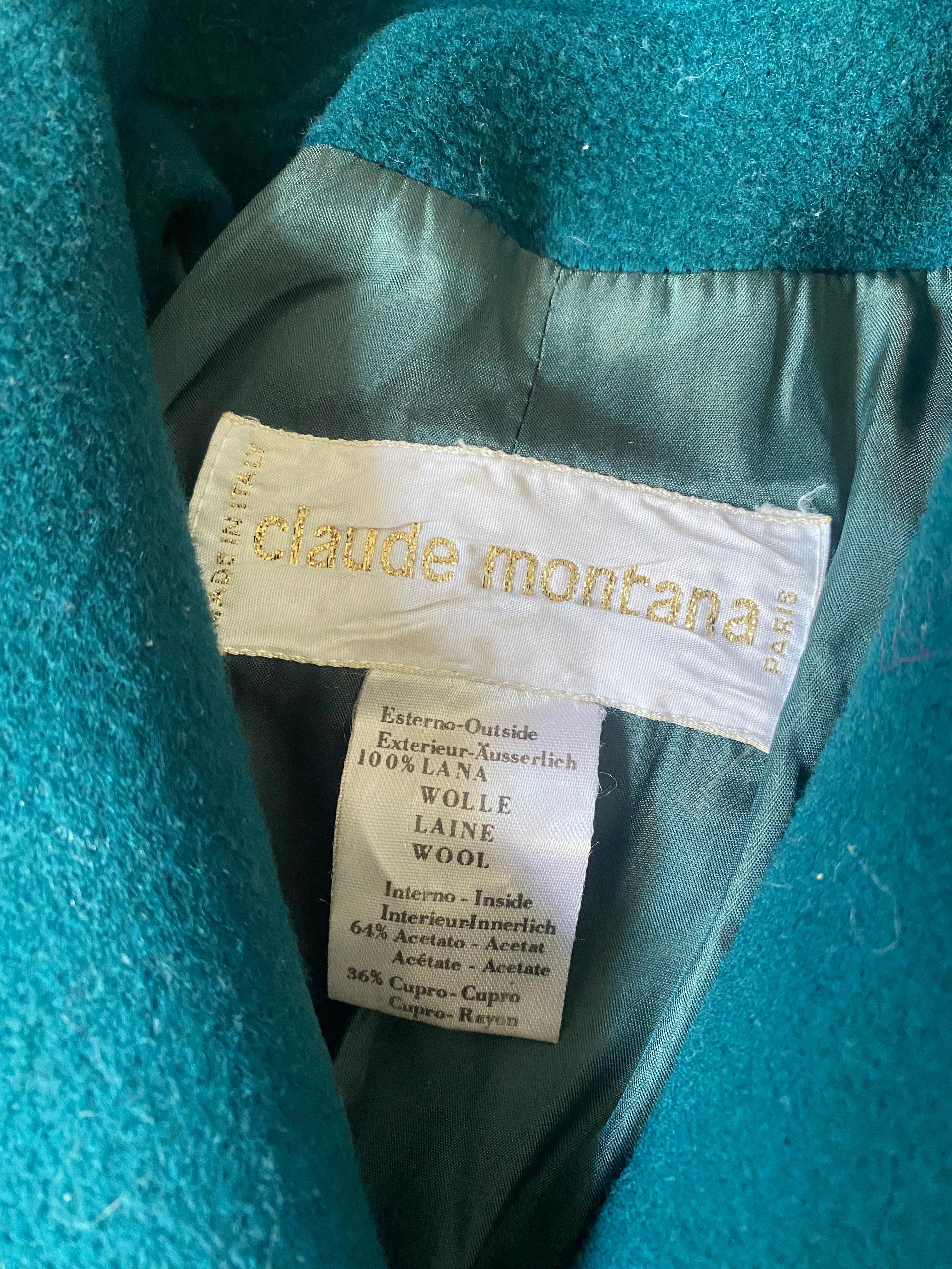 1980s Claude Montana Teal Green Wool Overcoat For Sale 2