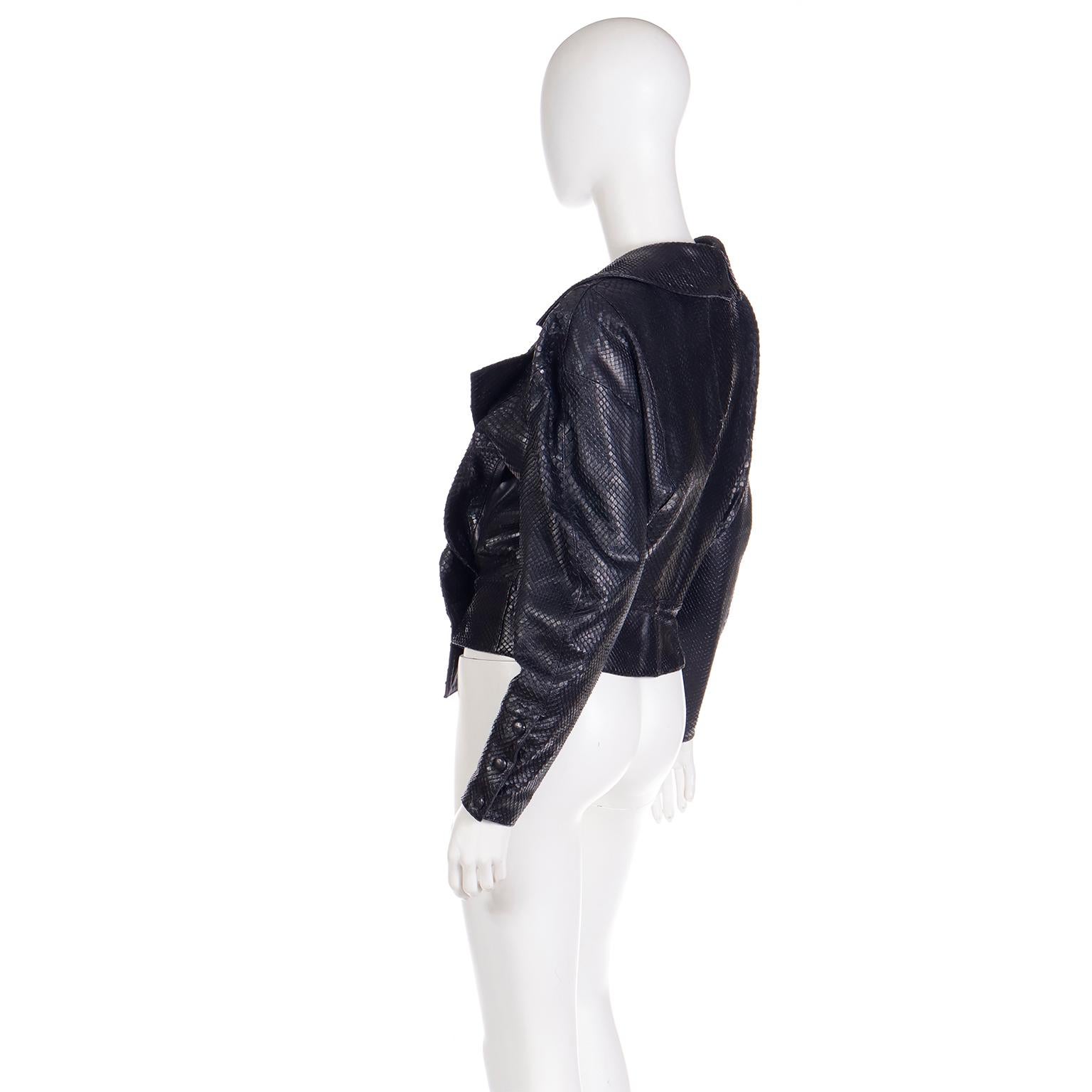 Women's 1980s Claude Montana Vintage Black Anaconda Snakeskin Asymmetrical Jacket
