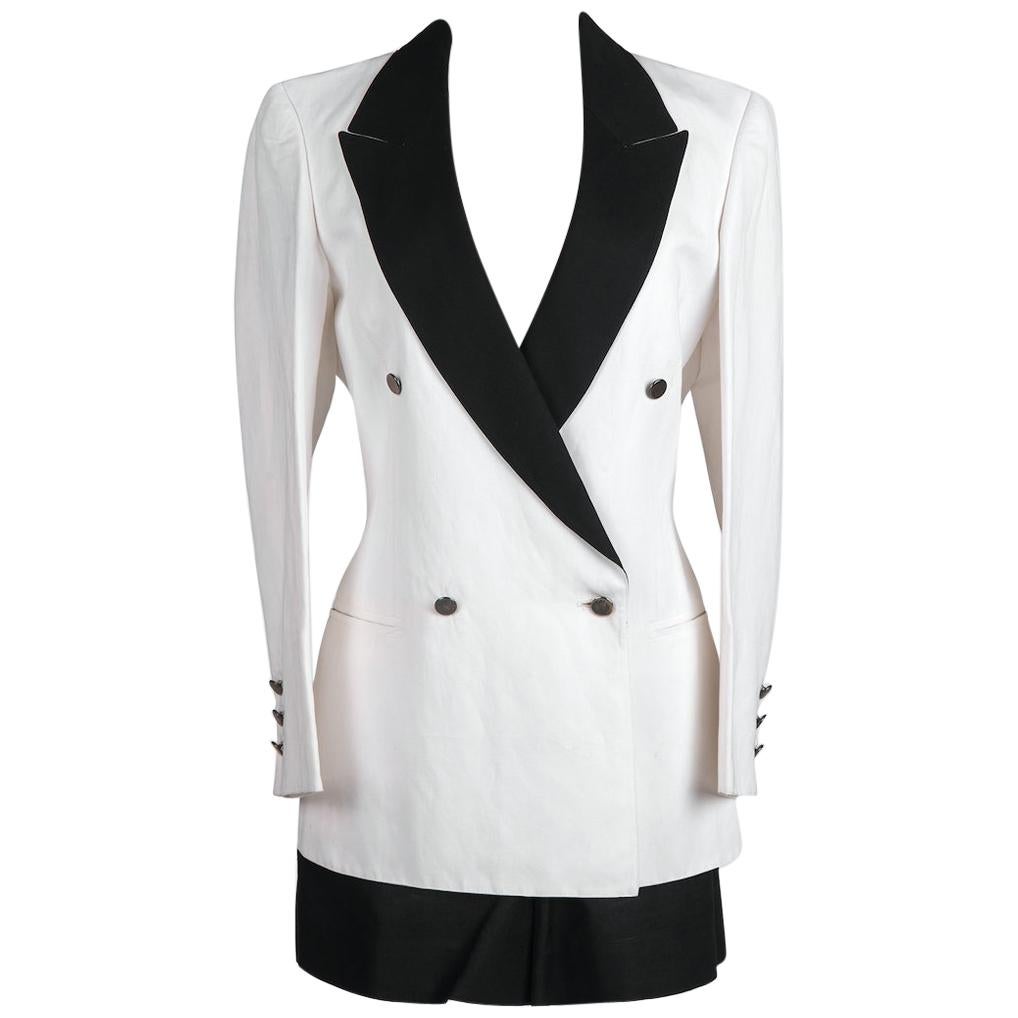 Early 1990s CLAUDE MONTANA White & Black Piping Detail Jacket & Shorts Suit