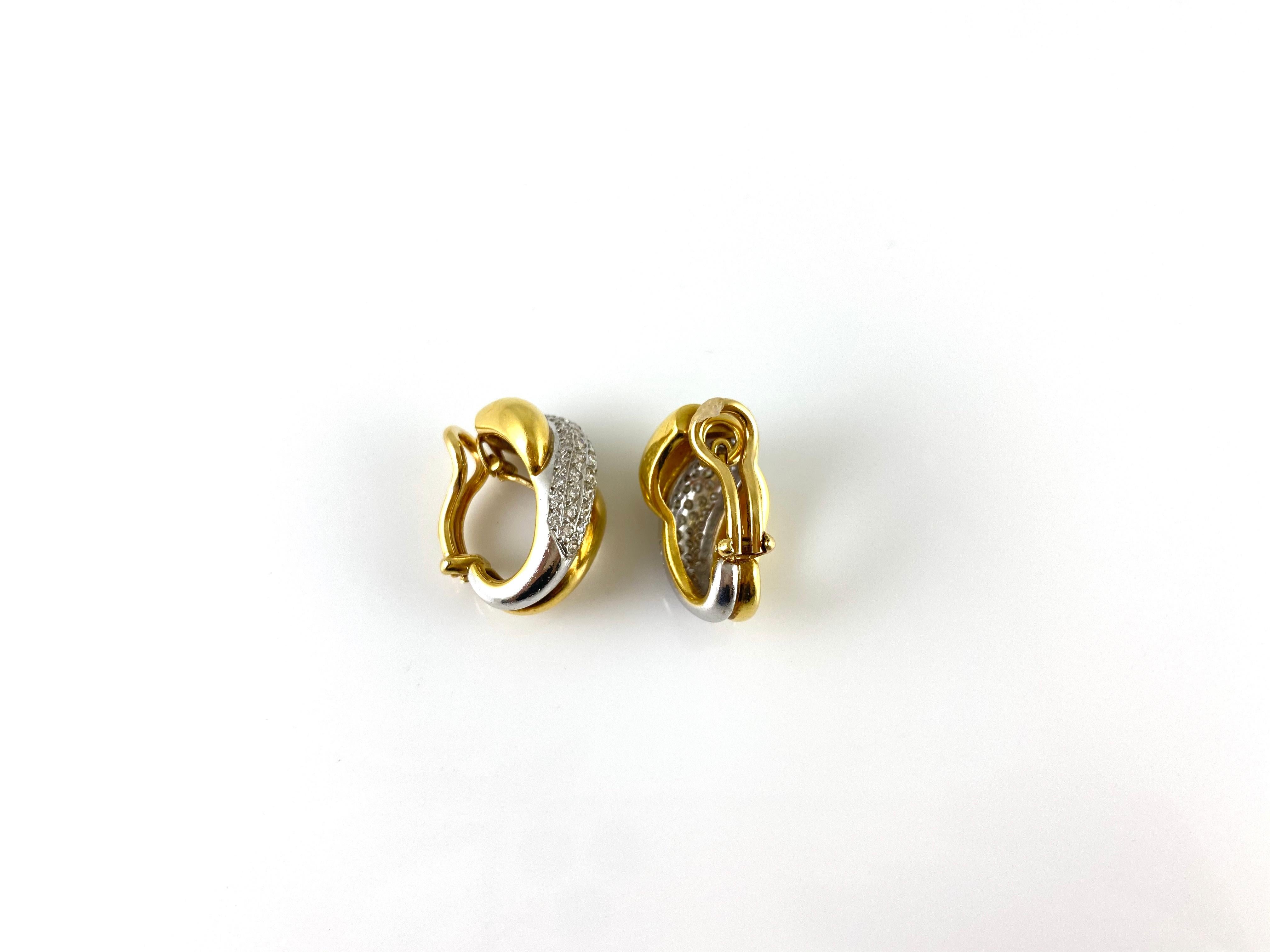 Round Cut 1980s Clip-On Three Rows of Gold with One Row of Diamonds Earrings For Sale