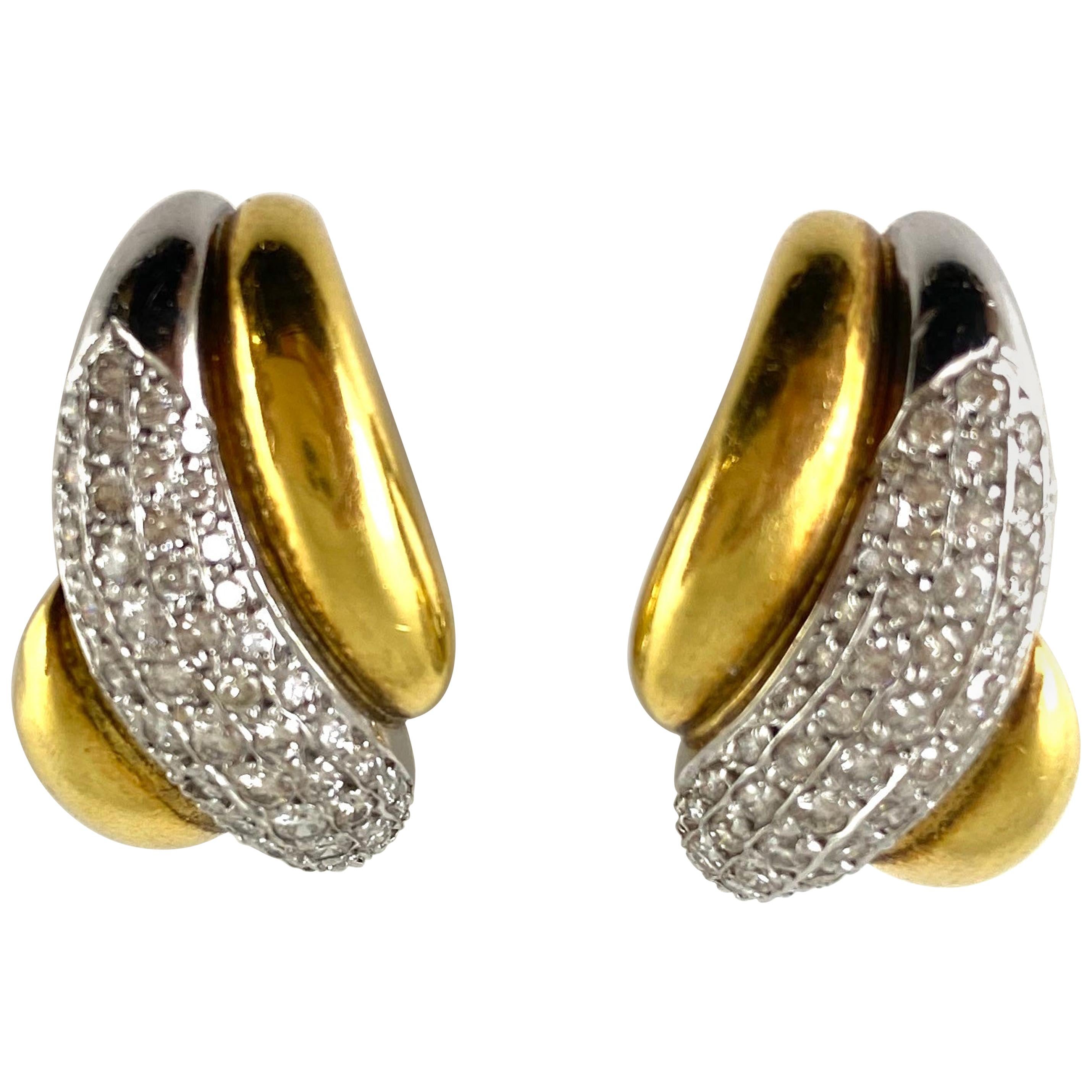 1980s Clip-On Three Rows of Gold with One Row of Diamonds Earrings