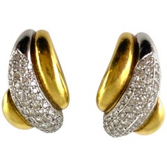 Retro 1980s Clip-On Three Rows of Gold with One Row of Diamonds Earrings