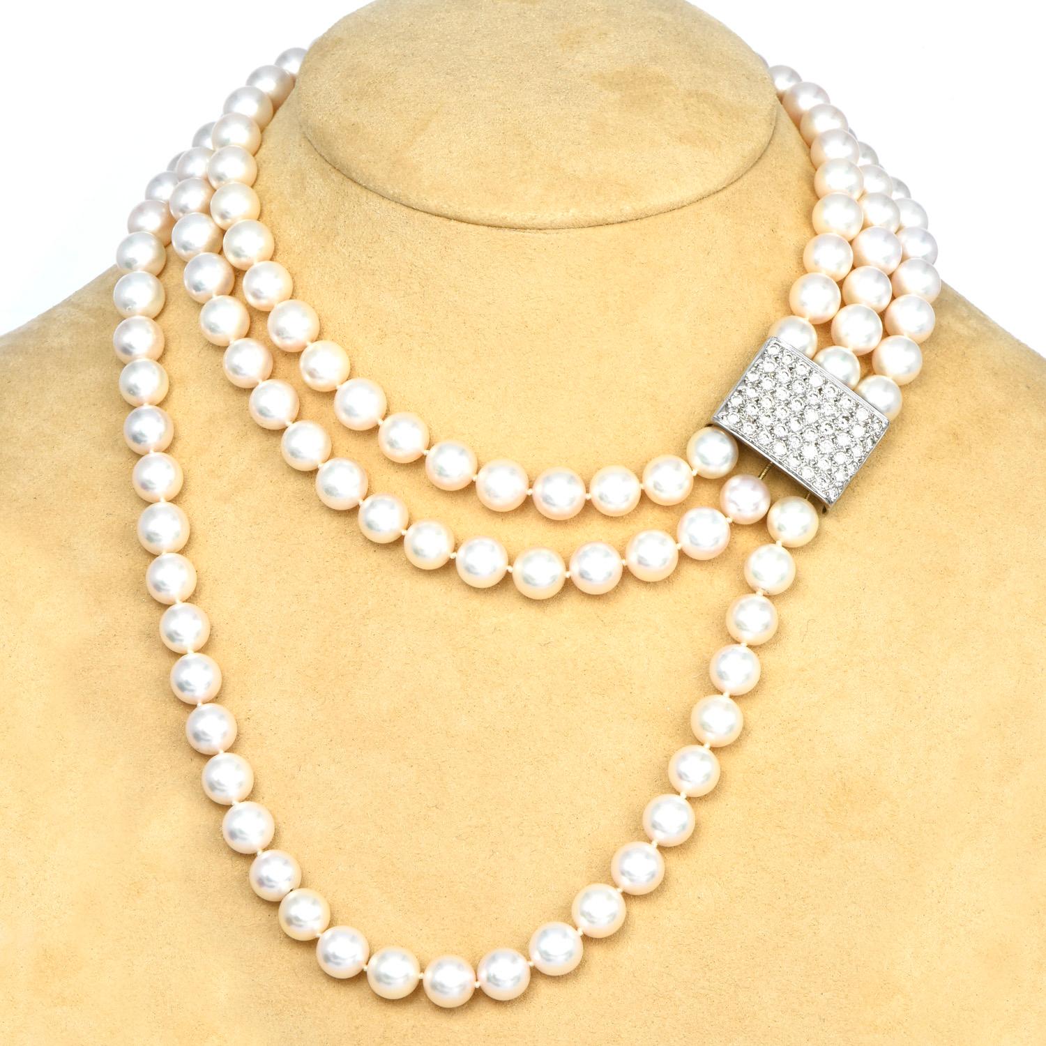 Retro 1980's Cluster Diamond Pearl Gold Clasp Three Strand Necklace For Sale