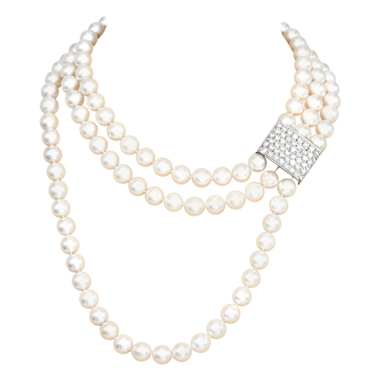 Collier à trois rangs de diamants en grappe et de perles en or des années 1980
