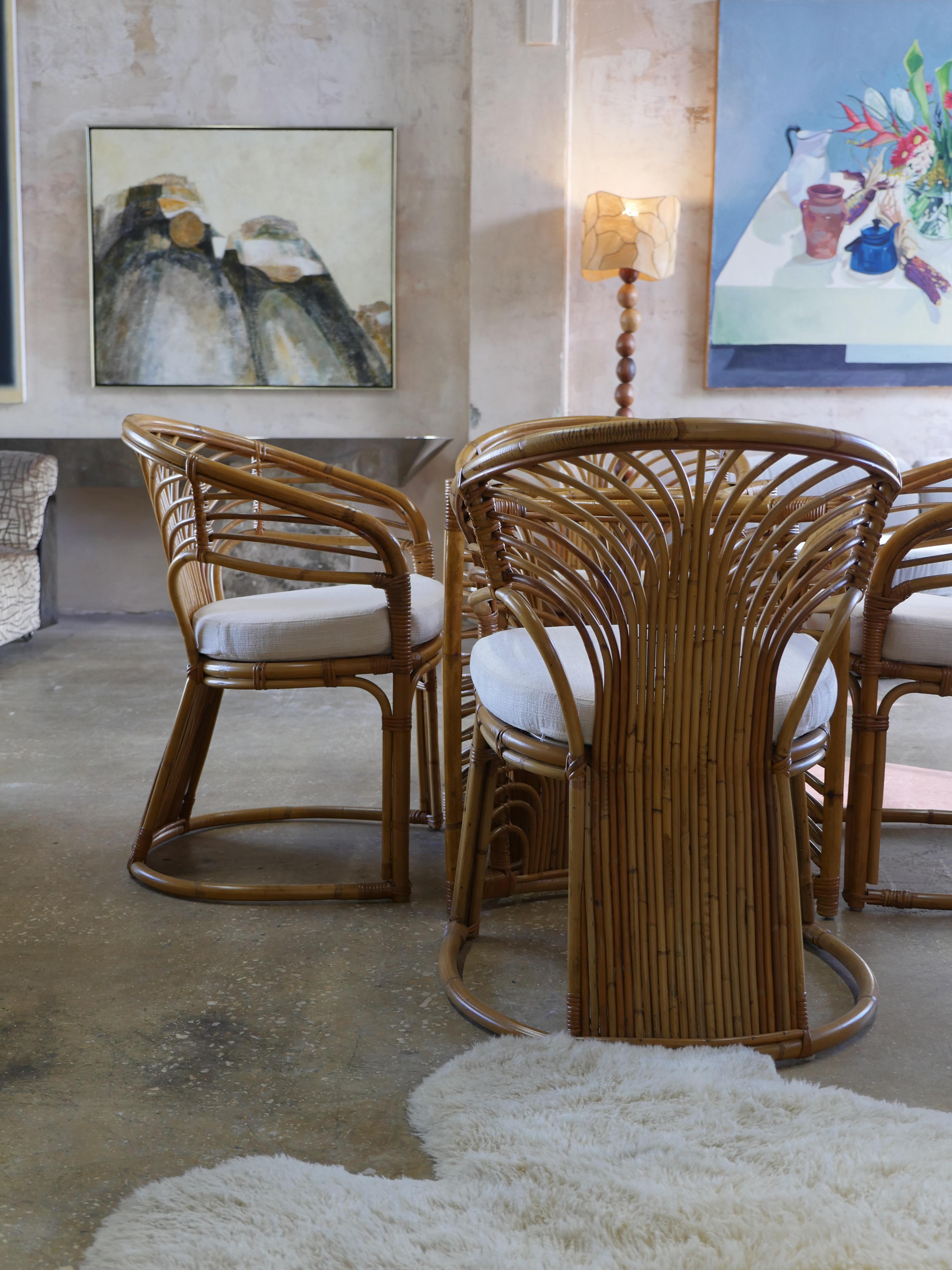 1980s Coastal Rattan Dining Chairs with Holly Hunt Chenille Fabric - Set of 4 For Sale 5