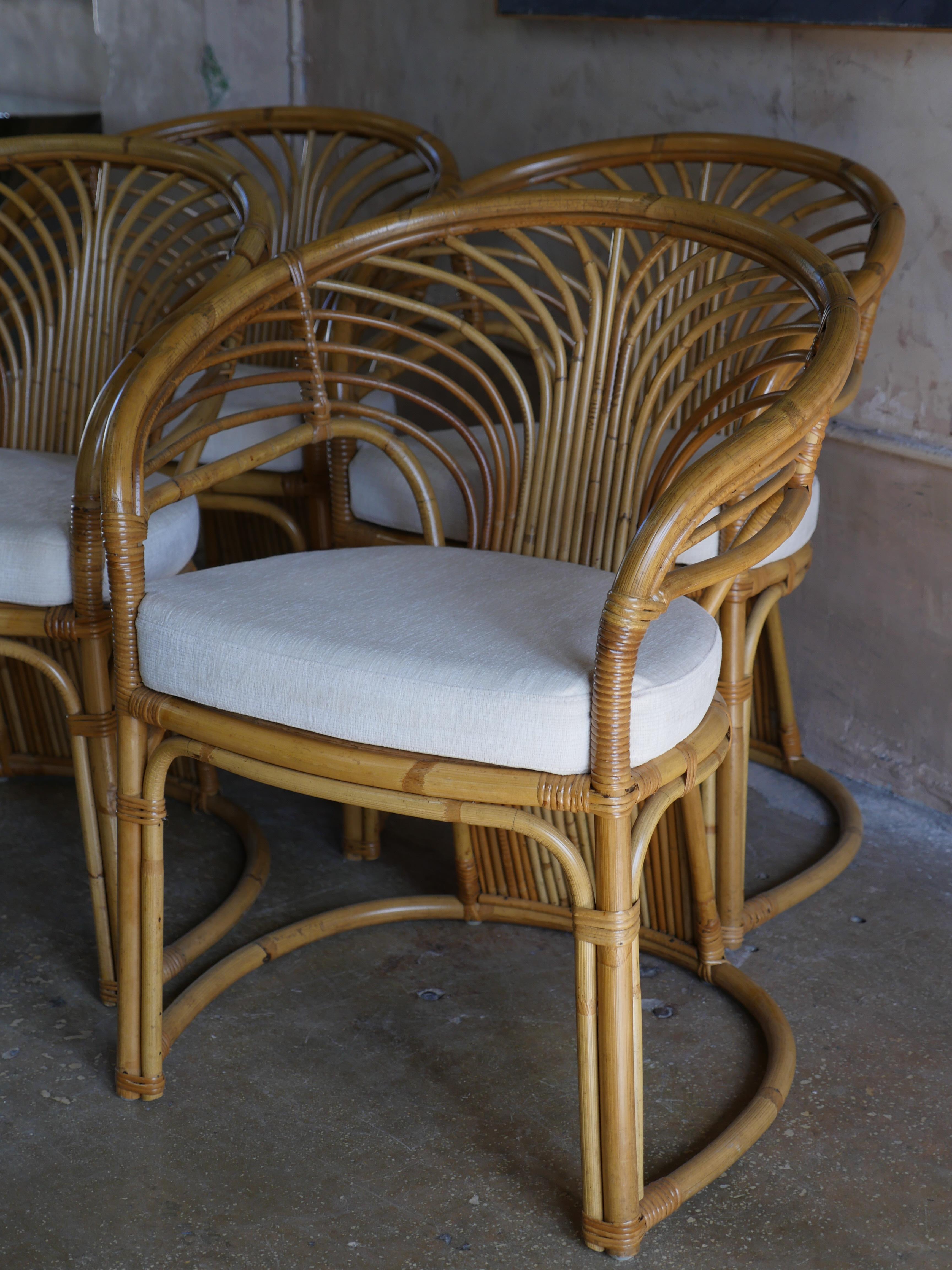 Late 20th Century 1980s Coastal Rattan Dining Chairs with Holly Hunt Chenille Fabric - Set of 4 For Sale