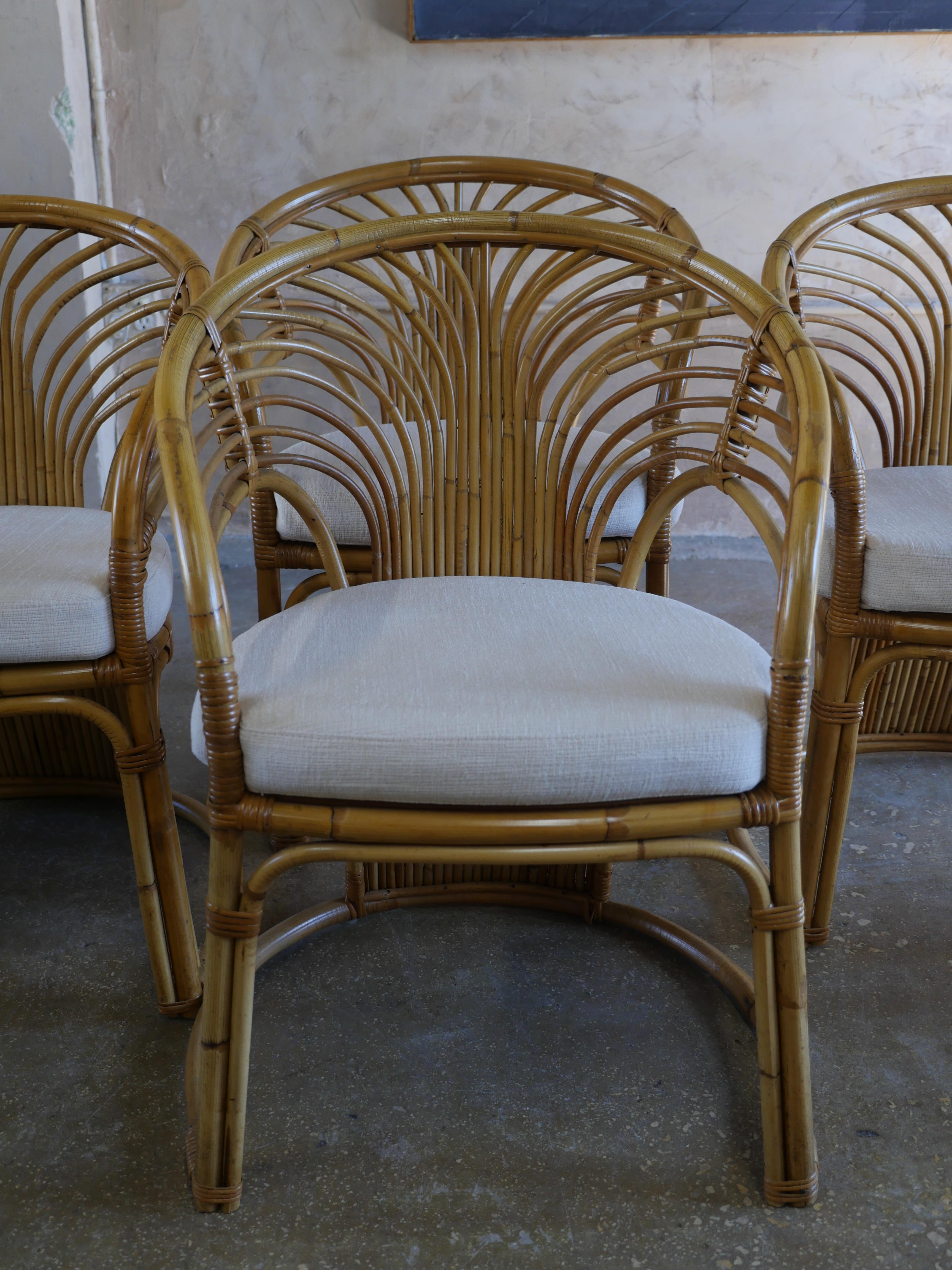 1980s Coastal Rattan Dining Chairs with Holly Hunt Chenille Fabric - Set of 4 For Sale 1