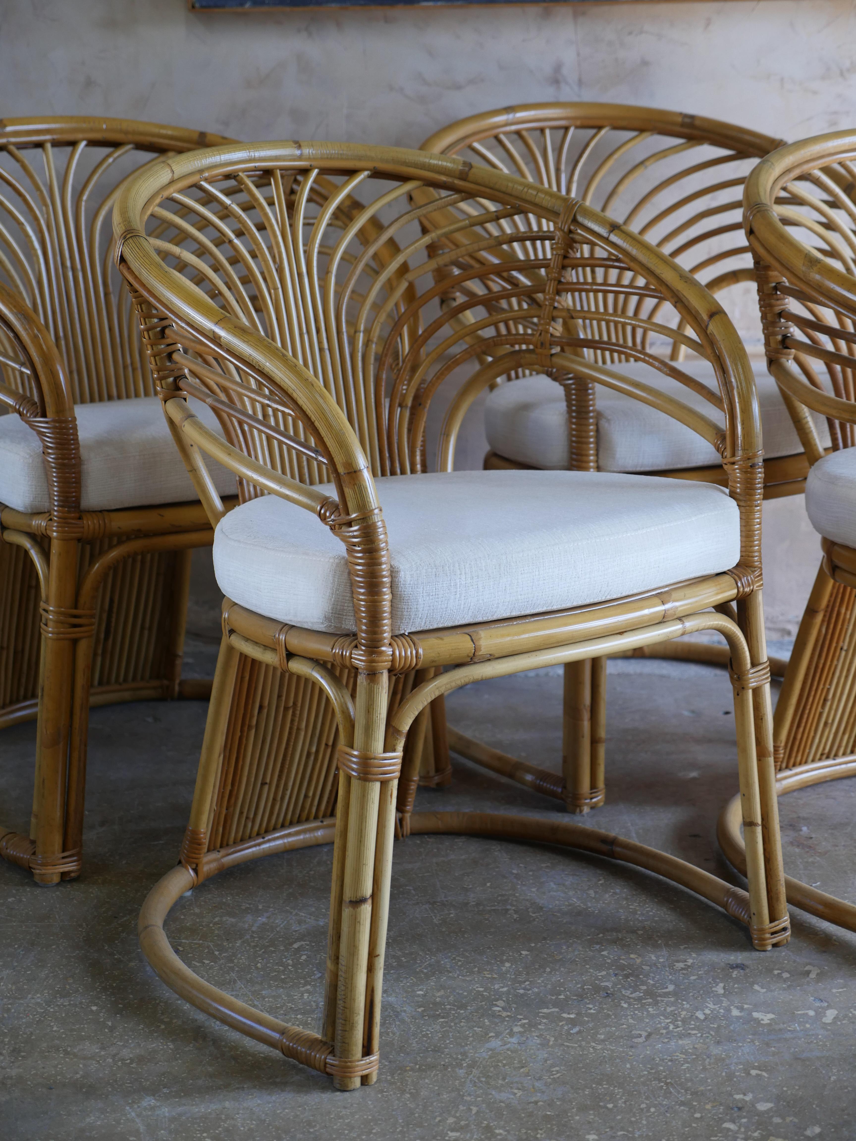 1980s Coastal Rattan Dining Chairs with Holly Hunt Chenille Fabric - Set of 4 For Sale 2