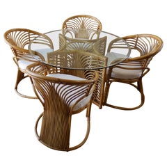 1980s Coastal Rattan Dining Set with Holly Hunt Chenille Fabric - Set of 5
