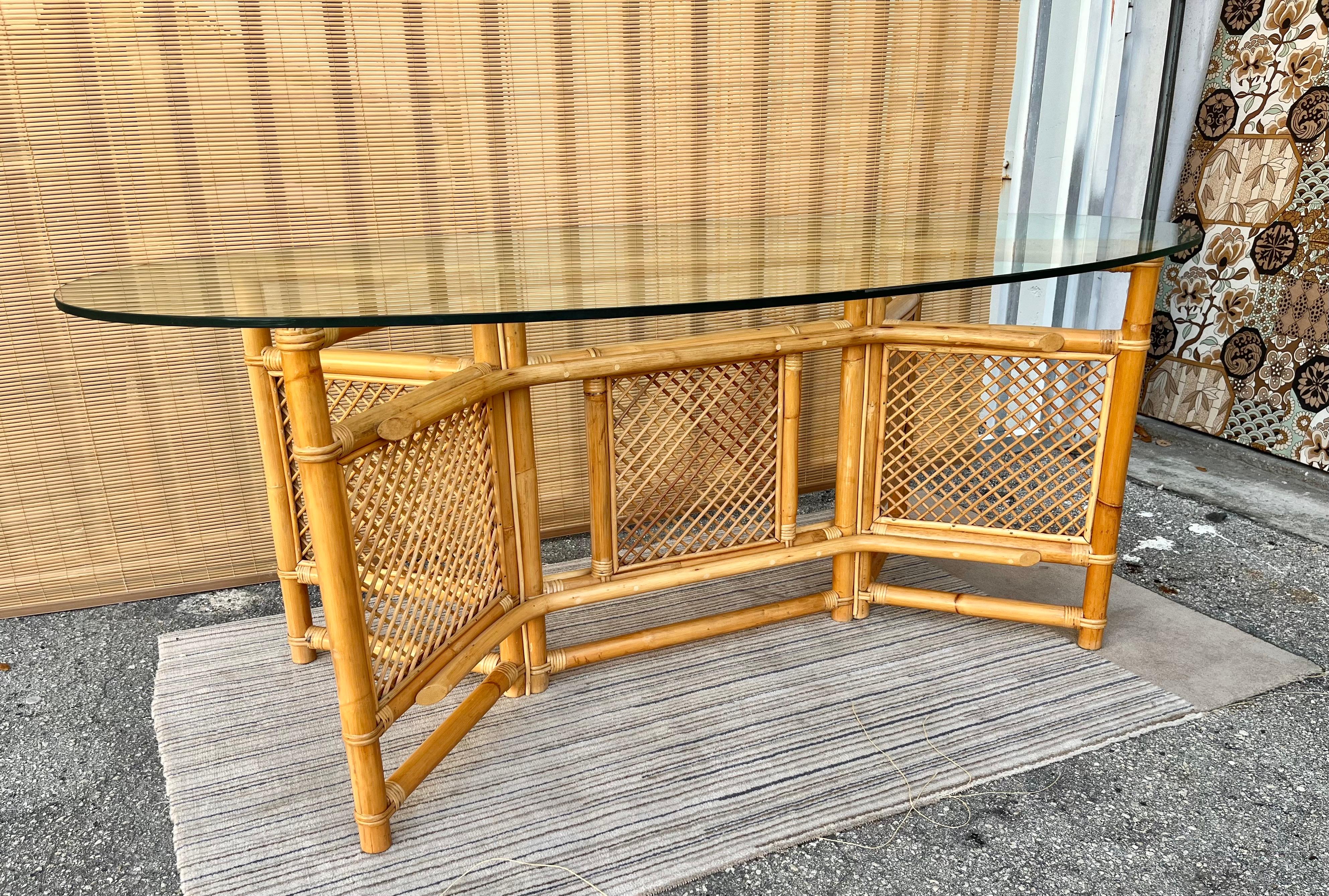 Hollywood Regency 1980s Coastal Style Glass Top Rattan Dining Table in the Ficks Reed's Manner For Sale