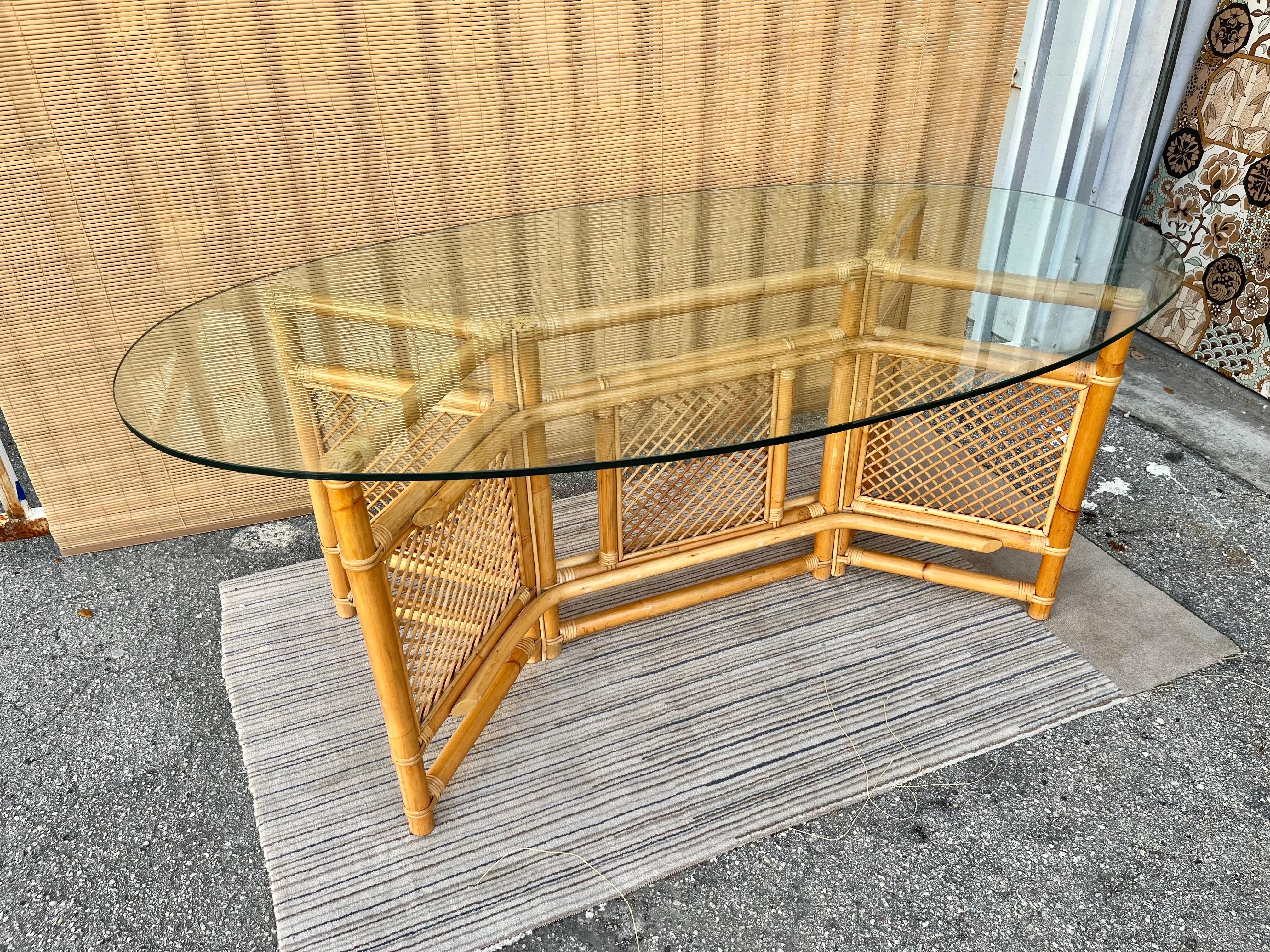 1980s Coastal Style Glass Top Rattan Dining Table in the Ficks Reed's Manner In Good Condition For Sale In Miami, FL