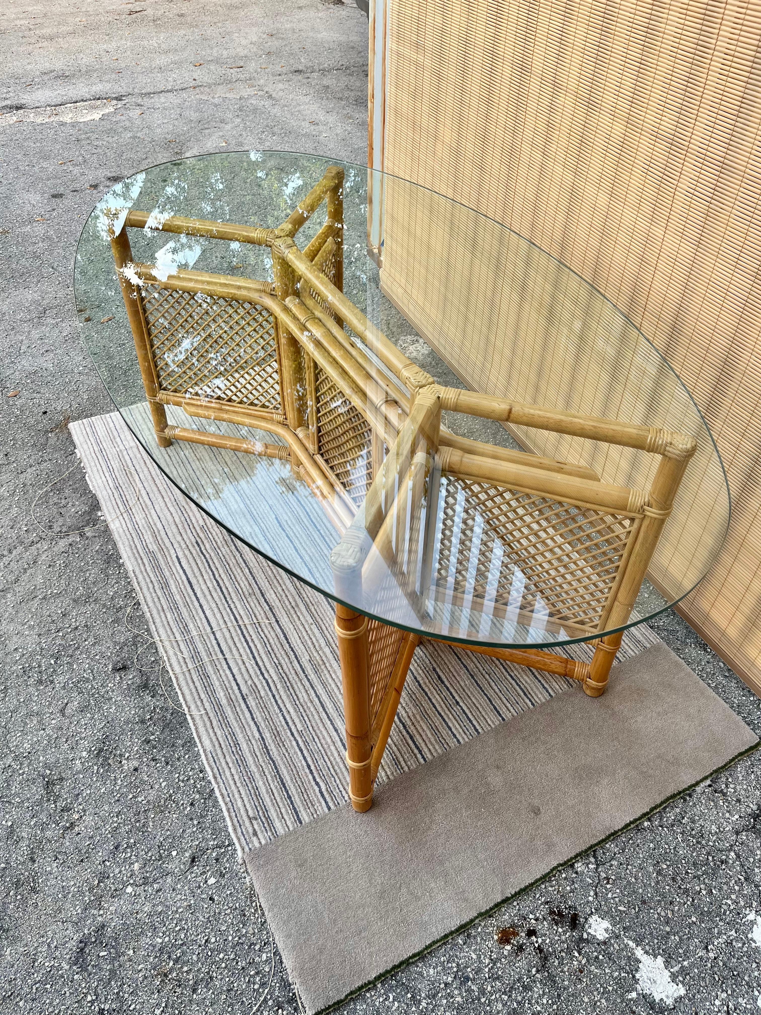 Late 20th Century 1980s Coastal Style Glass Top Rattan Dining Table in the Ficks Reed's Manner For Sale