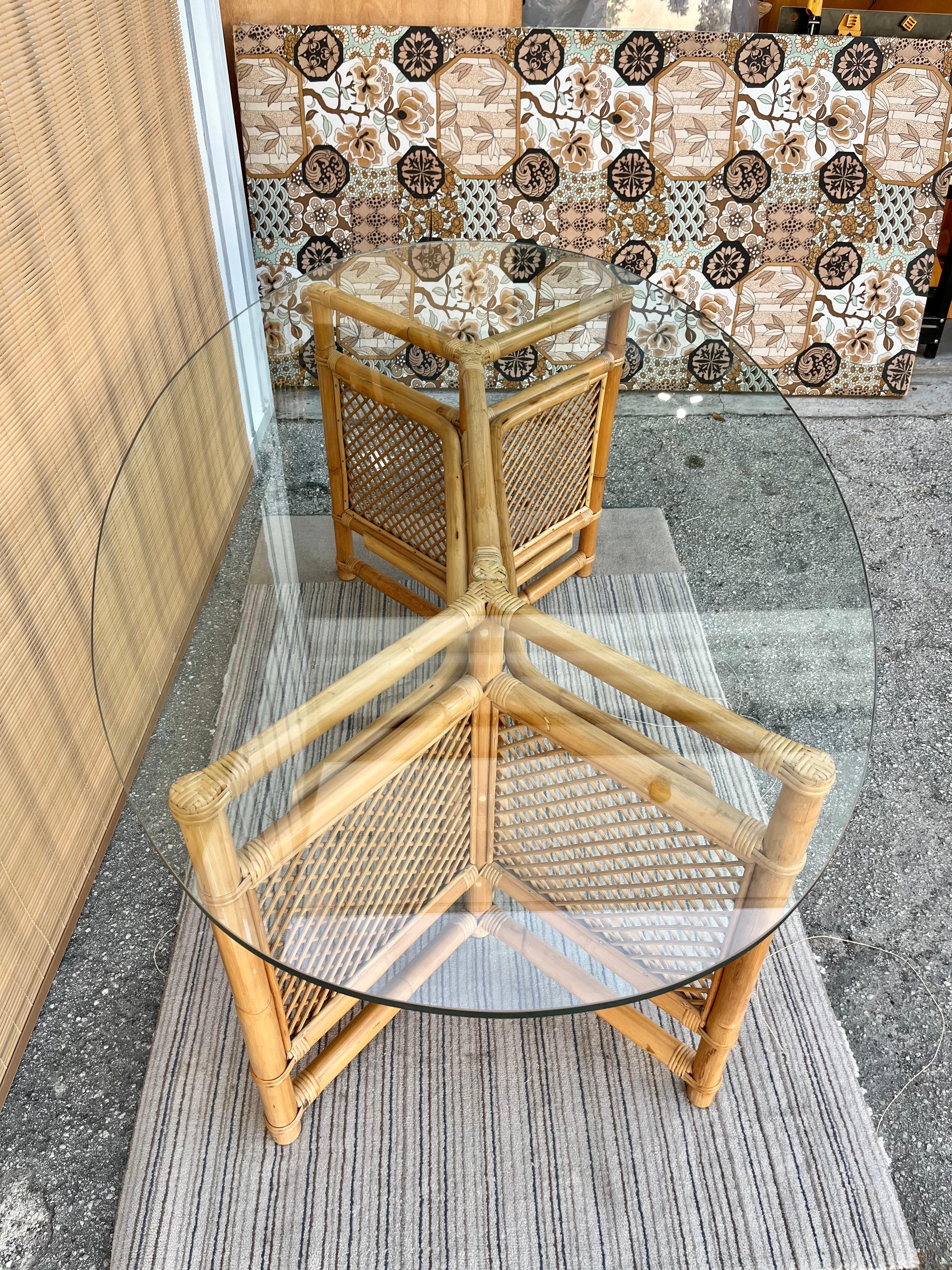 Wicker 1980s Coastal Style Glass Top Rattan Dining Table in the Ficks Reed's Manner For Sale