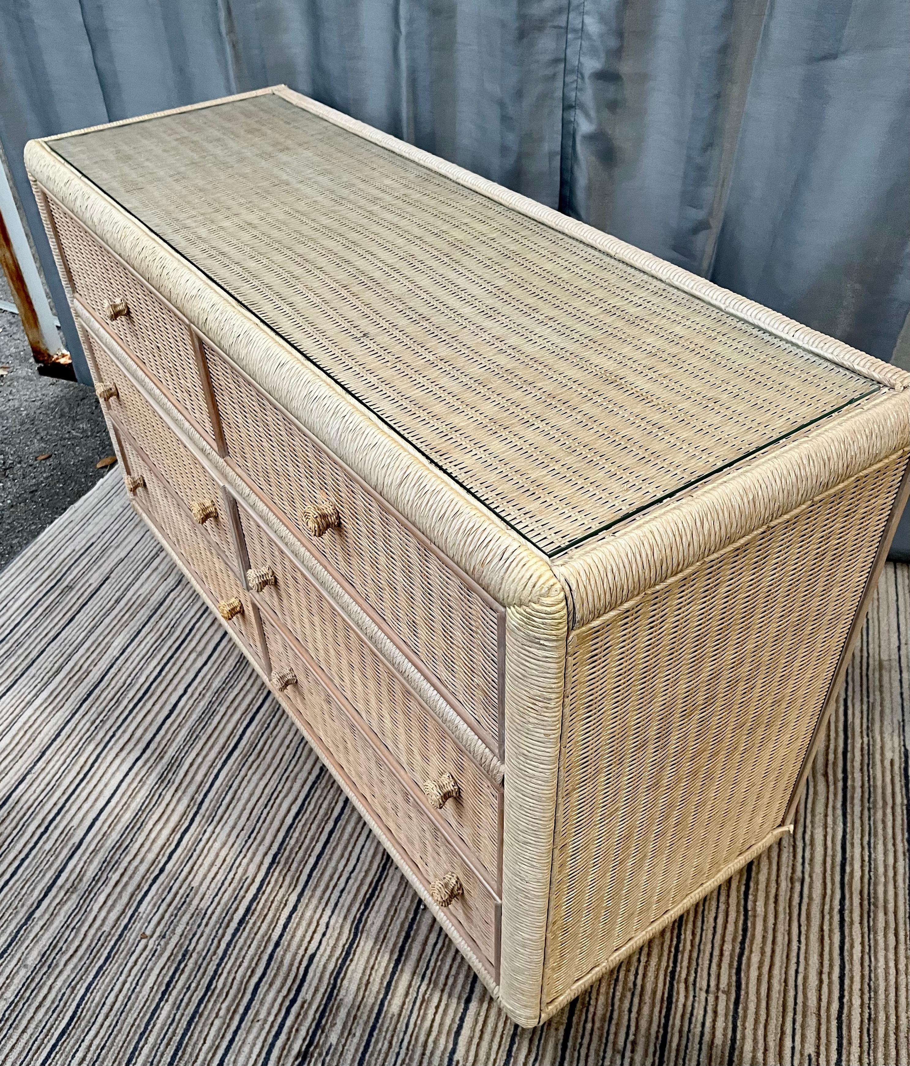 Painted 1980s, Coastal Style Wicker Six Drawers Dresser by Broyhill Furniture