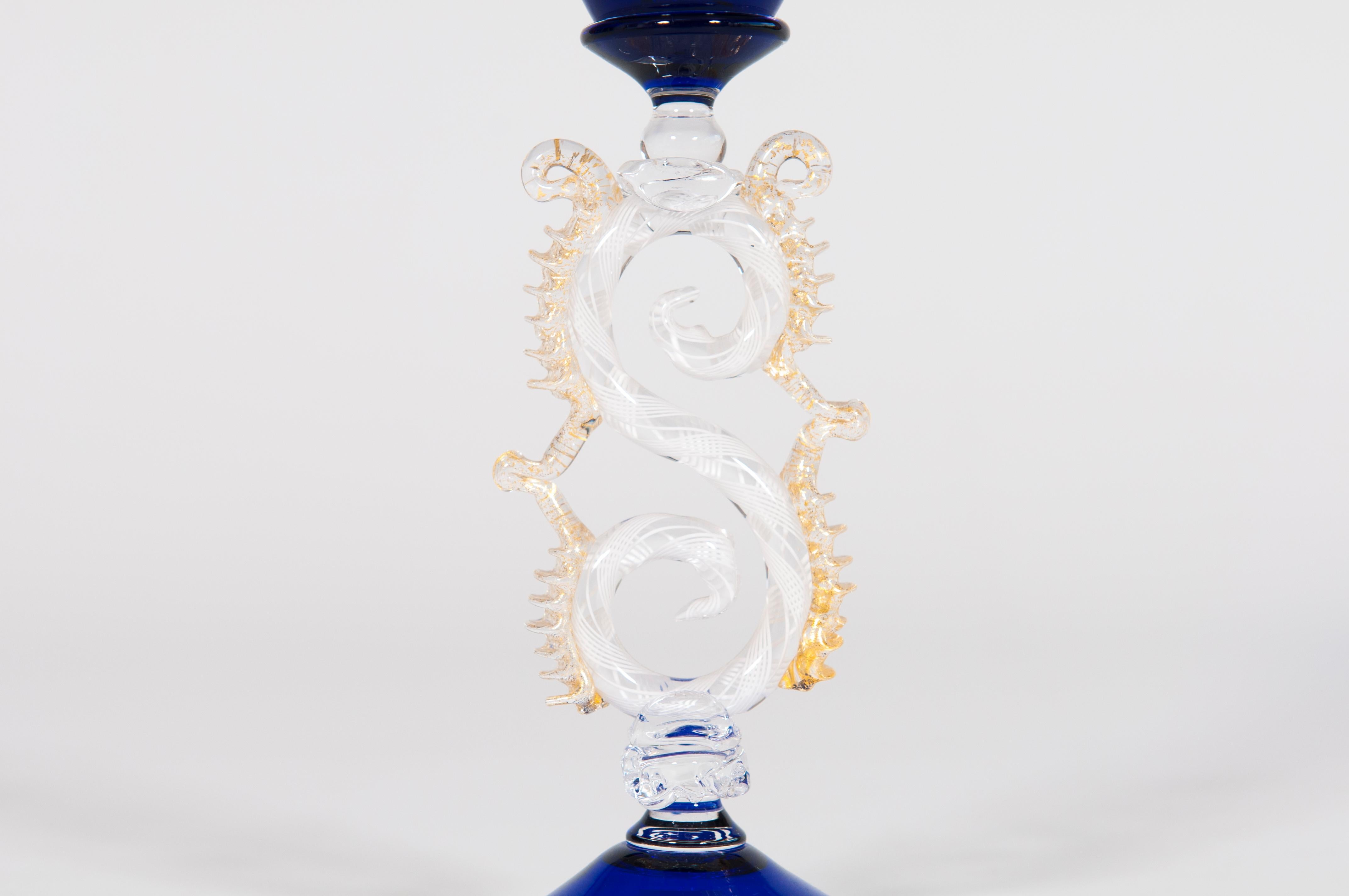 1980s Cobalt Blue Murano Glass Goblet with Dragon Stem For Sale 6