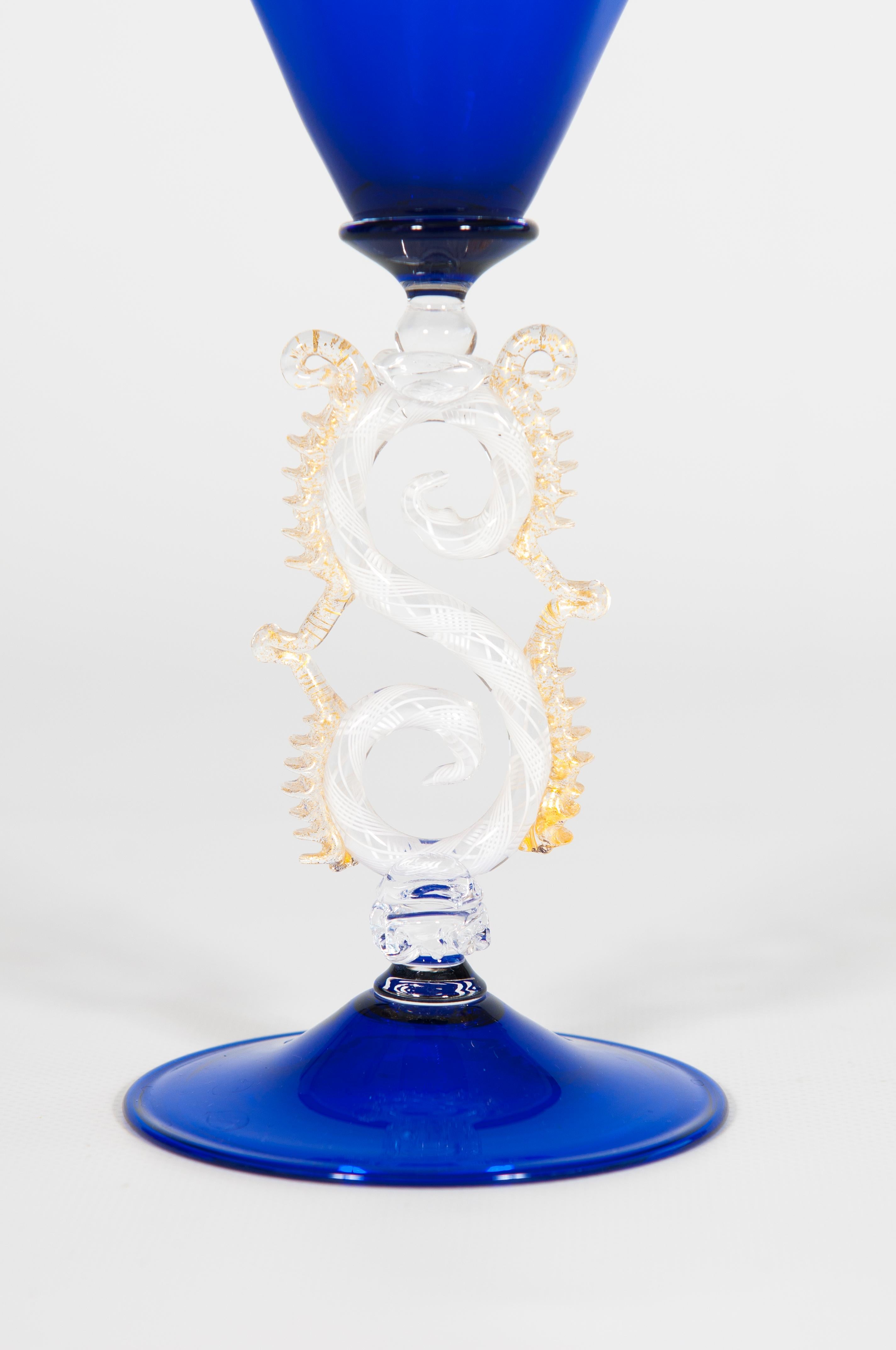 1980s Cobalt Blue Murano Glass Goblet with Dragon Stem In Excellent Condition For Sale In Villaverla, IT