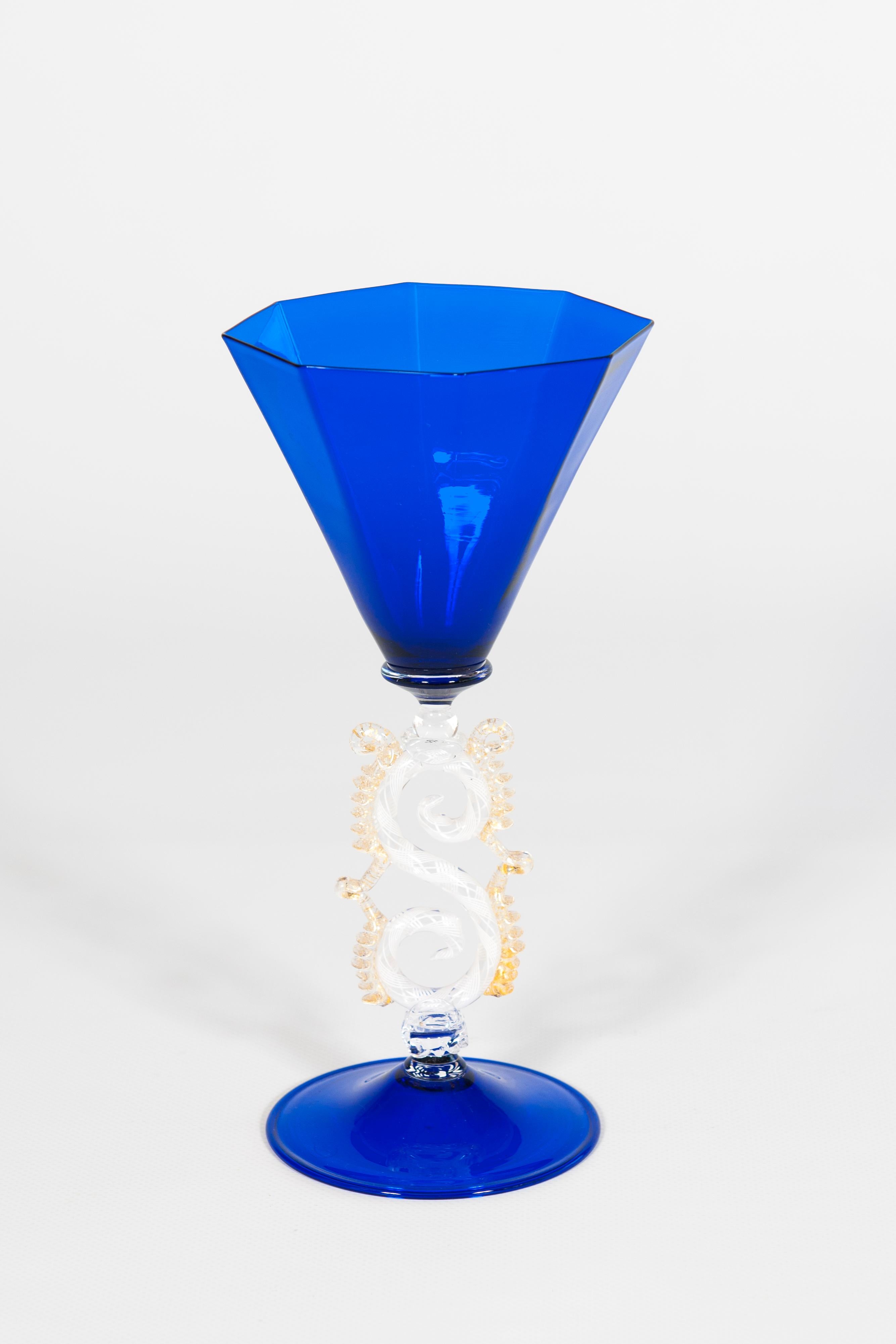 1980s Cobalt Blue Murano Glass Goblet with Dragon Stem For Sale 1