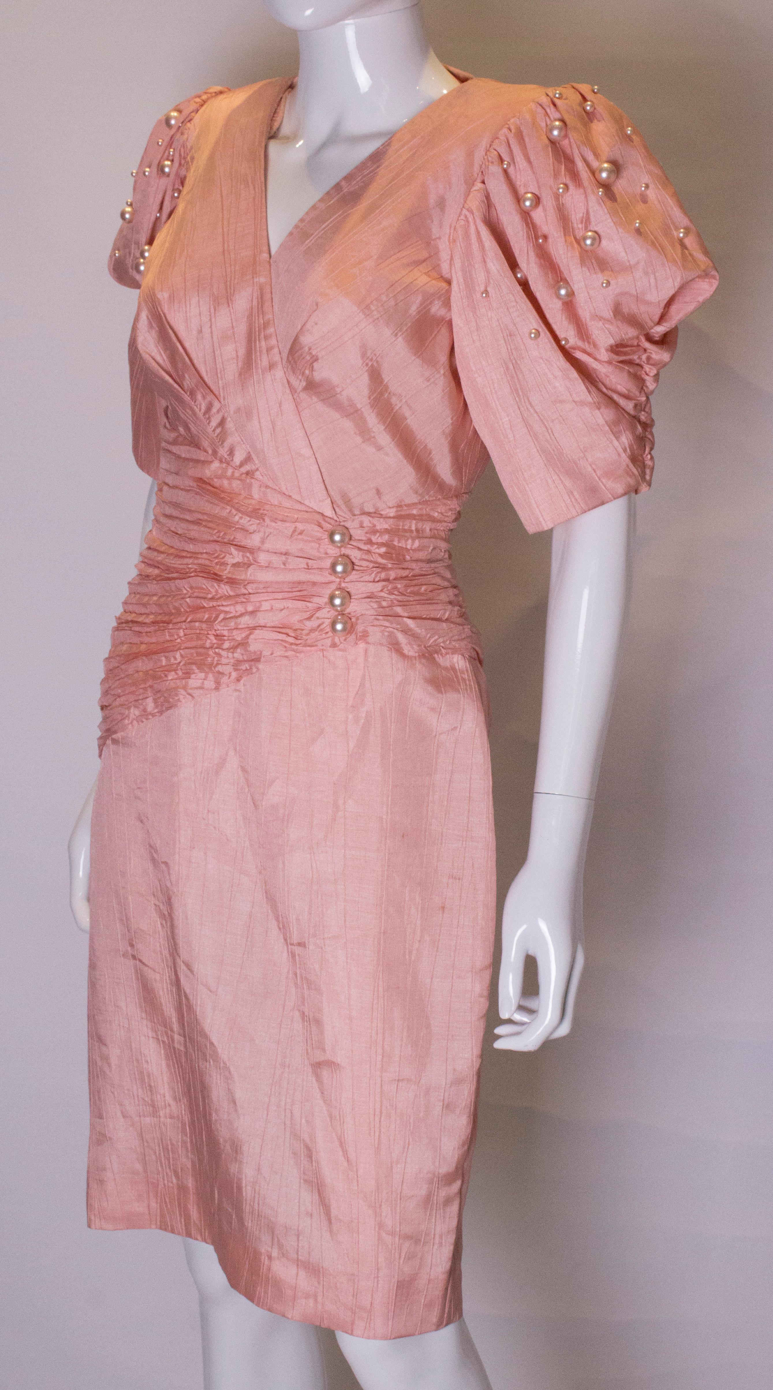 Brown 1980s Cocktail Dress in Powder Pink with Pearl Decoration. For Sale