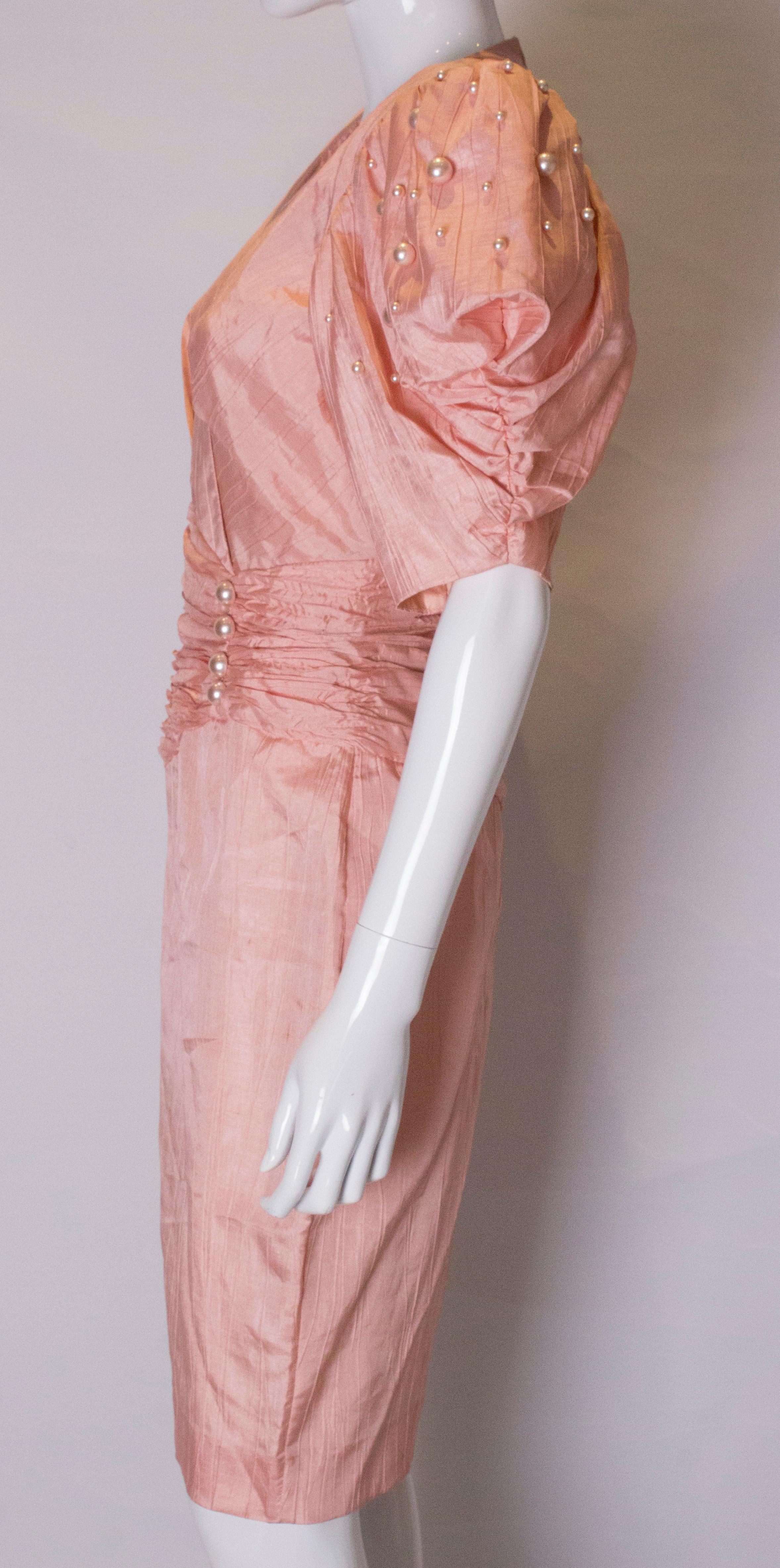 Women's 1980s Cocktail Dress in Powder Pink with Pearl Decoration. For Sale