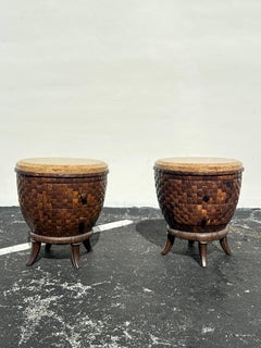 Schnadig Coconut Wood Drum Tessellated Stone Nightstands End Tables, Set of 2