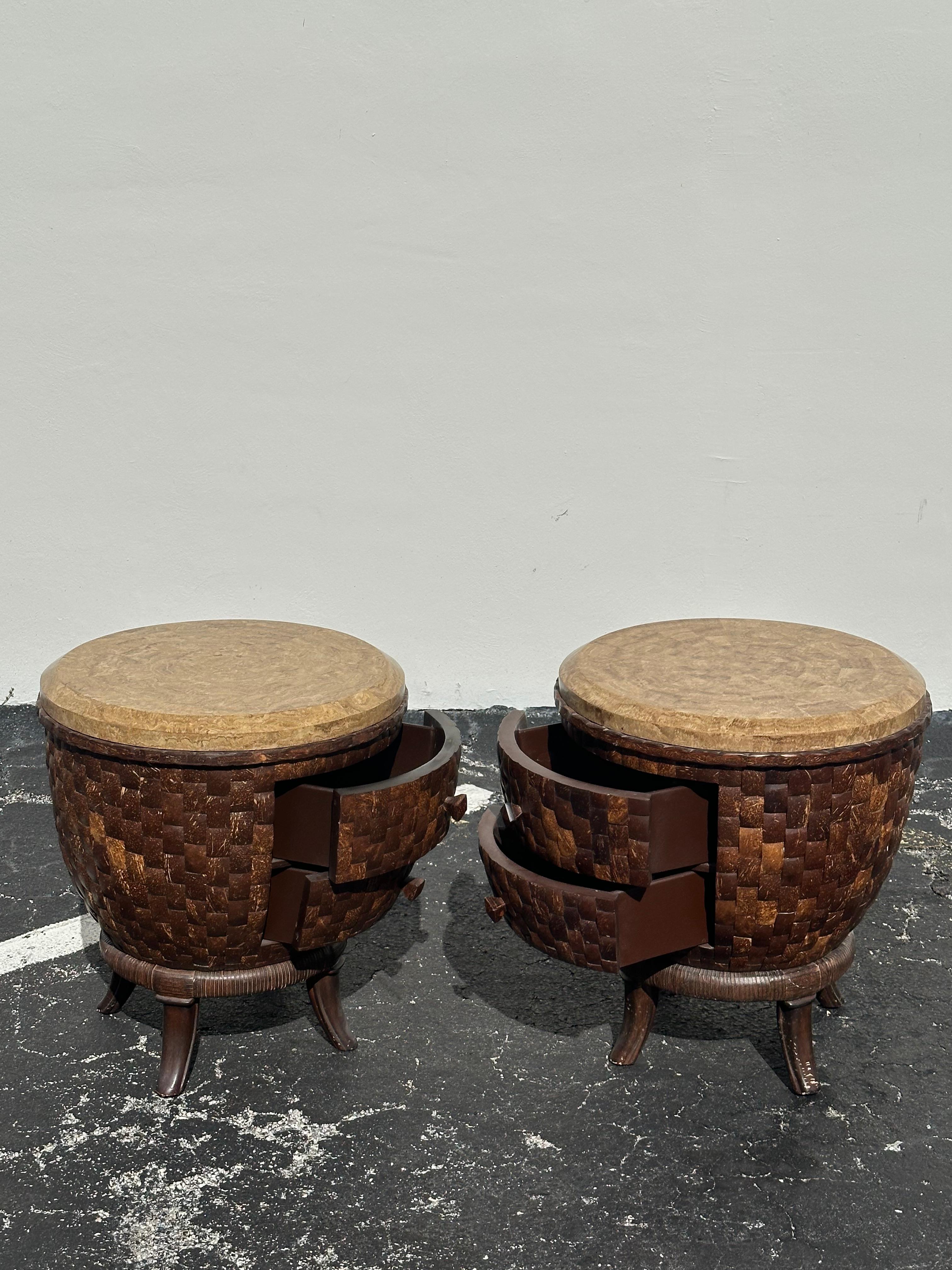 Bohemian 1980s Coconut Wood Sculptural End Tables, Set of 2 For Sale