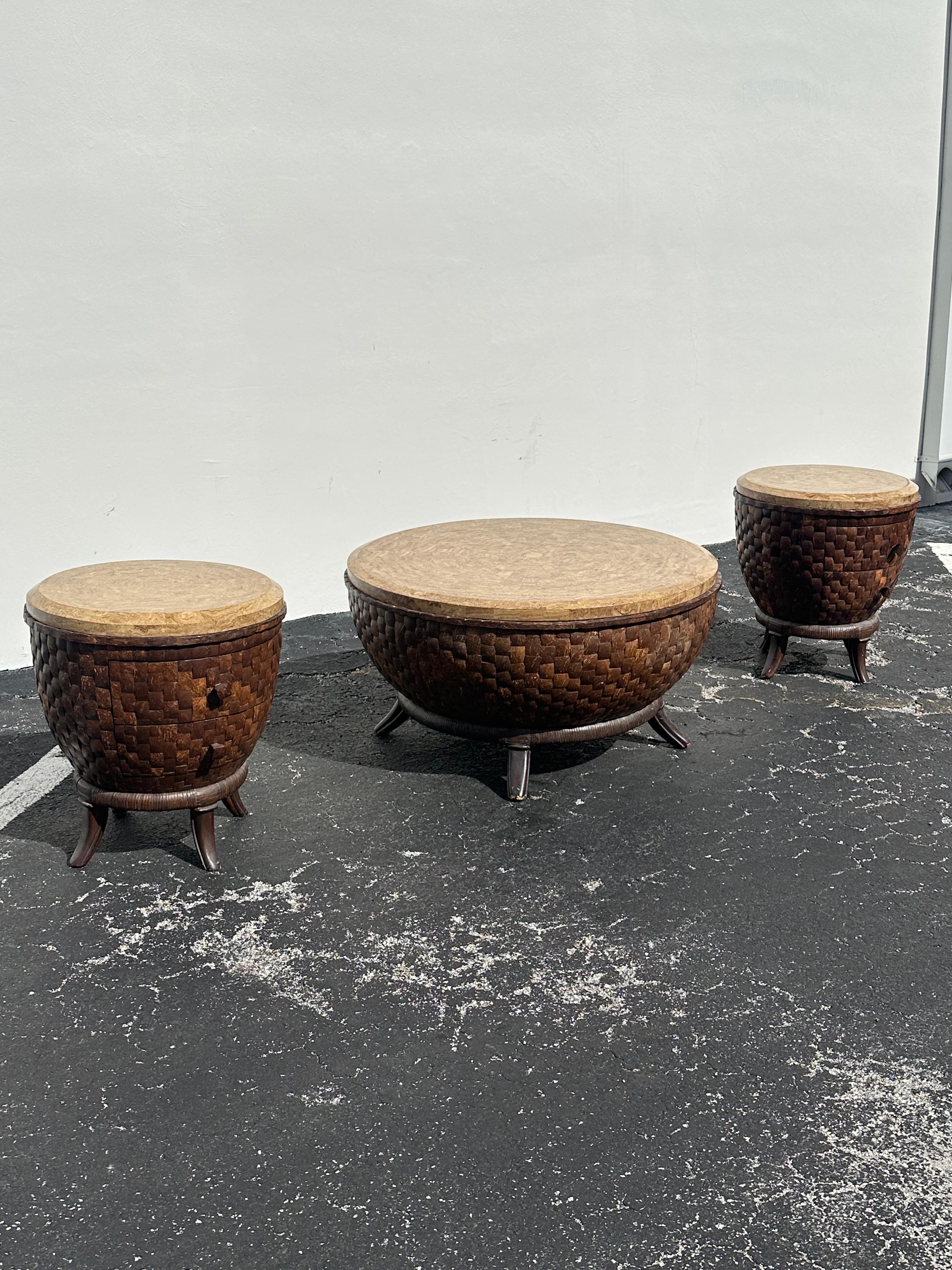 Leather 1980s Coconut Wood Sculptural End Tables, Set of 2 For Sale