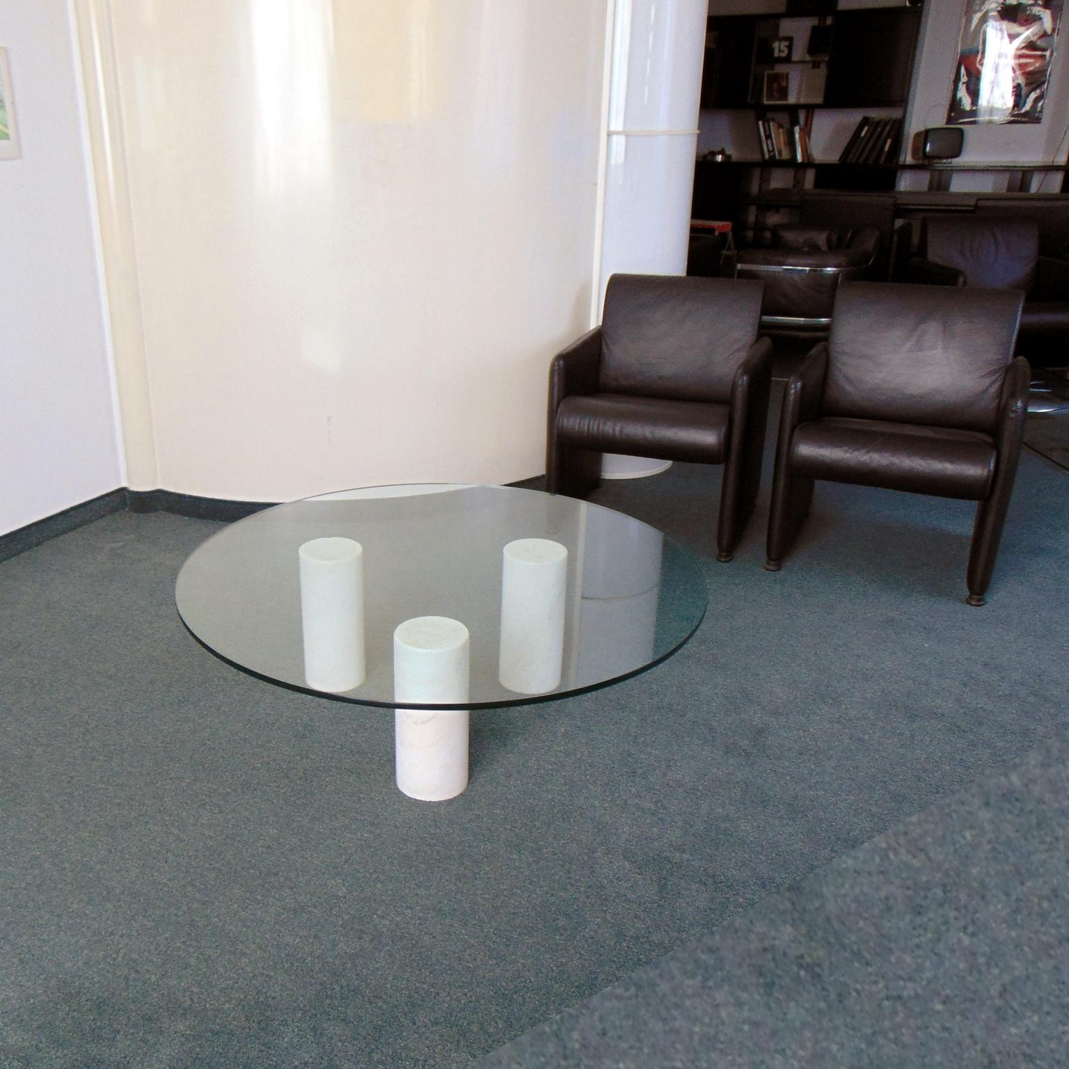 Late 20th Century 1980s Coffee Table, Italian White Marble Cylindric Legs and Glass Top For Sale