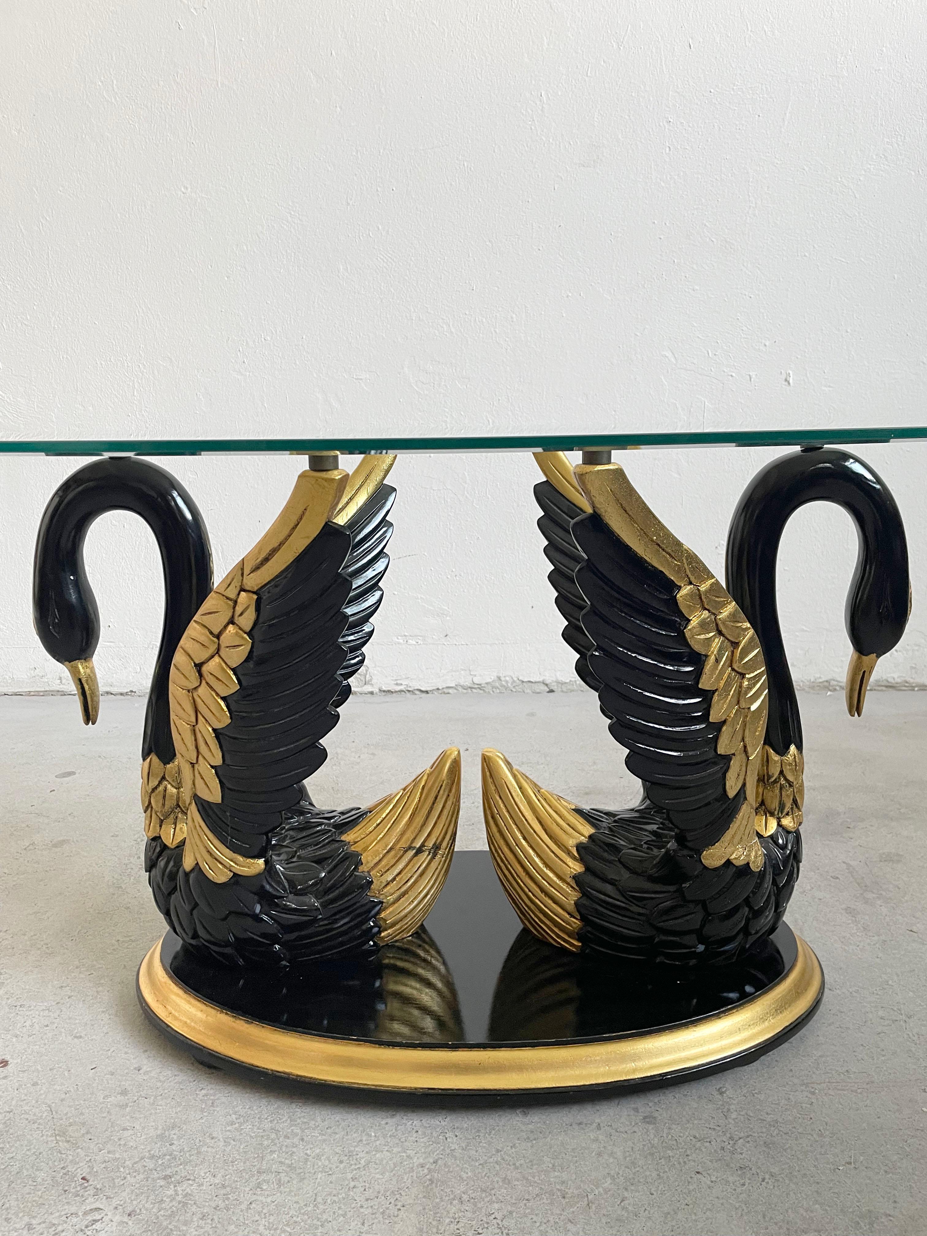 Faceted 1980's Coffee Table or Side Table Carved Black and Gilt Wood Swan Base and Glass