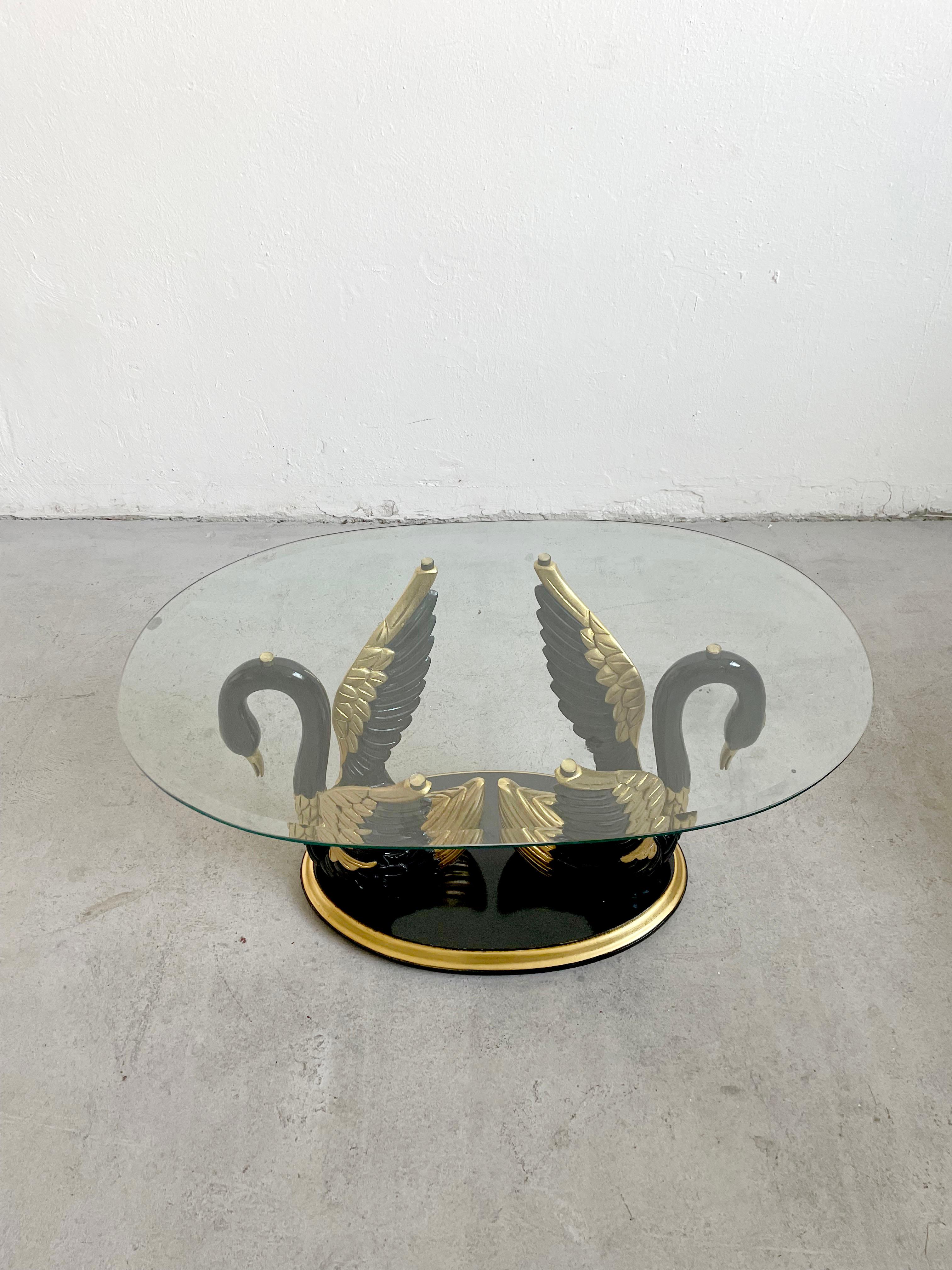 1980's Coffee Table or Side Table Carved Black and Gilt Wood Swan Base and Glass In Good Condition In Zagreb, HR