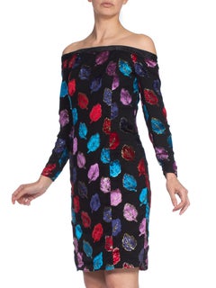 1980S Black Silk & Lurex Burnout Velvet Cold Shoulder Long Sleeve Cocktail Dress