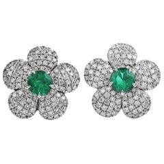 1980s Colombian Emerald Diamond 18 Karat Gold Stud Earrings