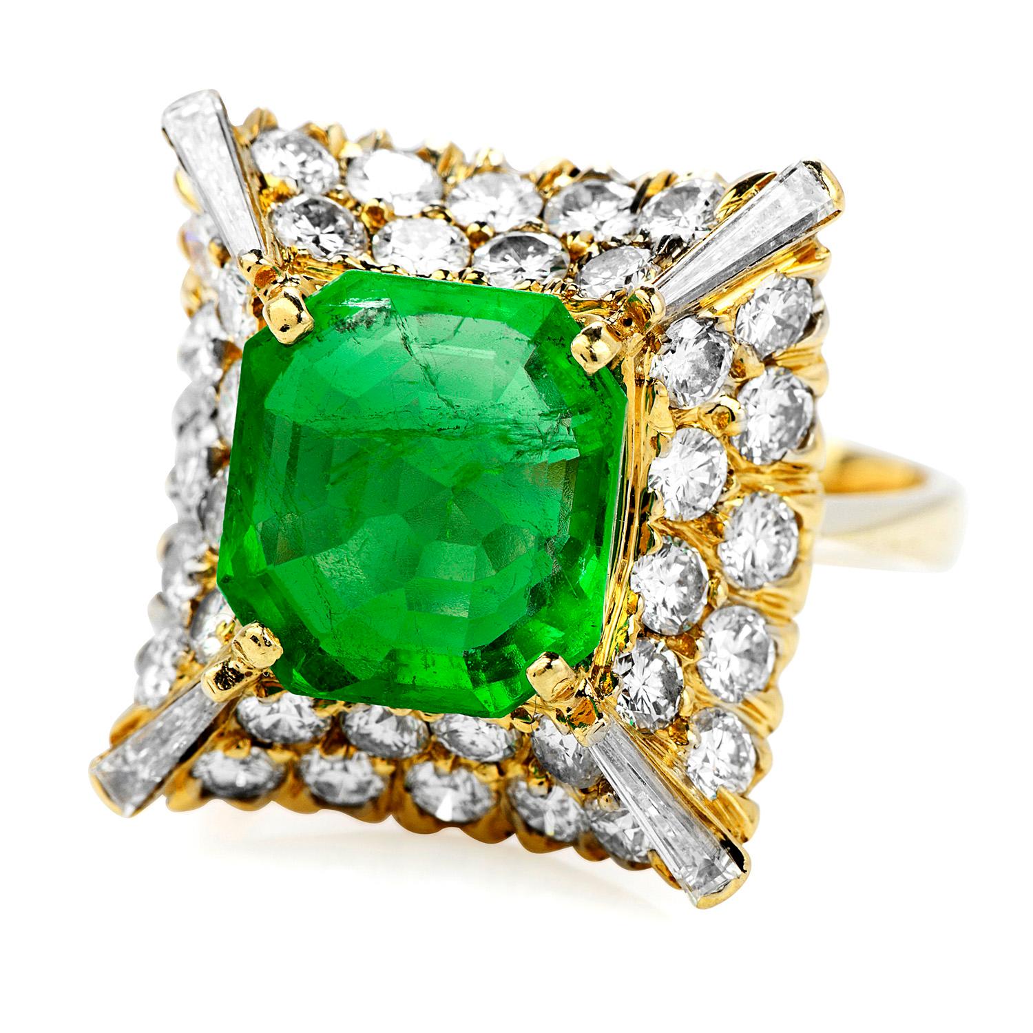 The Green Emerald & Diamond Floral Style Cocktail Ring gives the perfect look for springtime!

Crafted in 18K Yellow Gold,

Shine brightly with this Colombian emerald weighing approx. 2.80 carats approx. 4 Baguettes cut Diamonds on each corner of