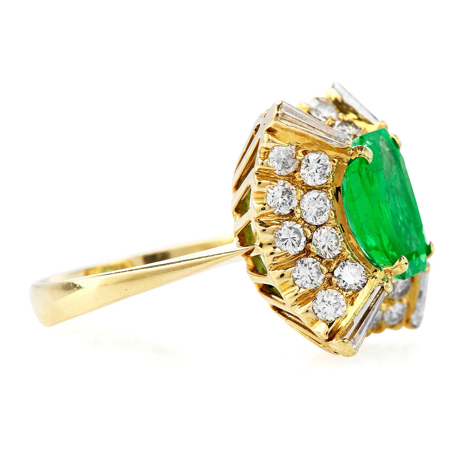 Emerald Cut 1980's Colombian Emerald Diamond 18K Gold Cocktail Ring