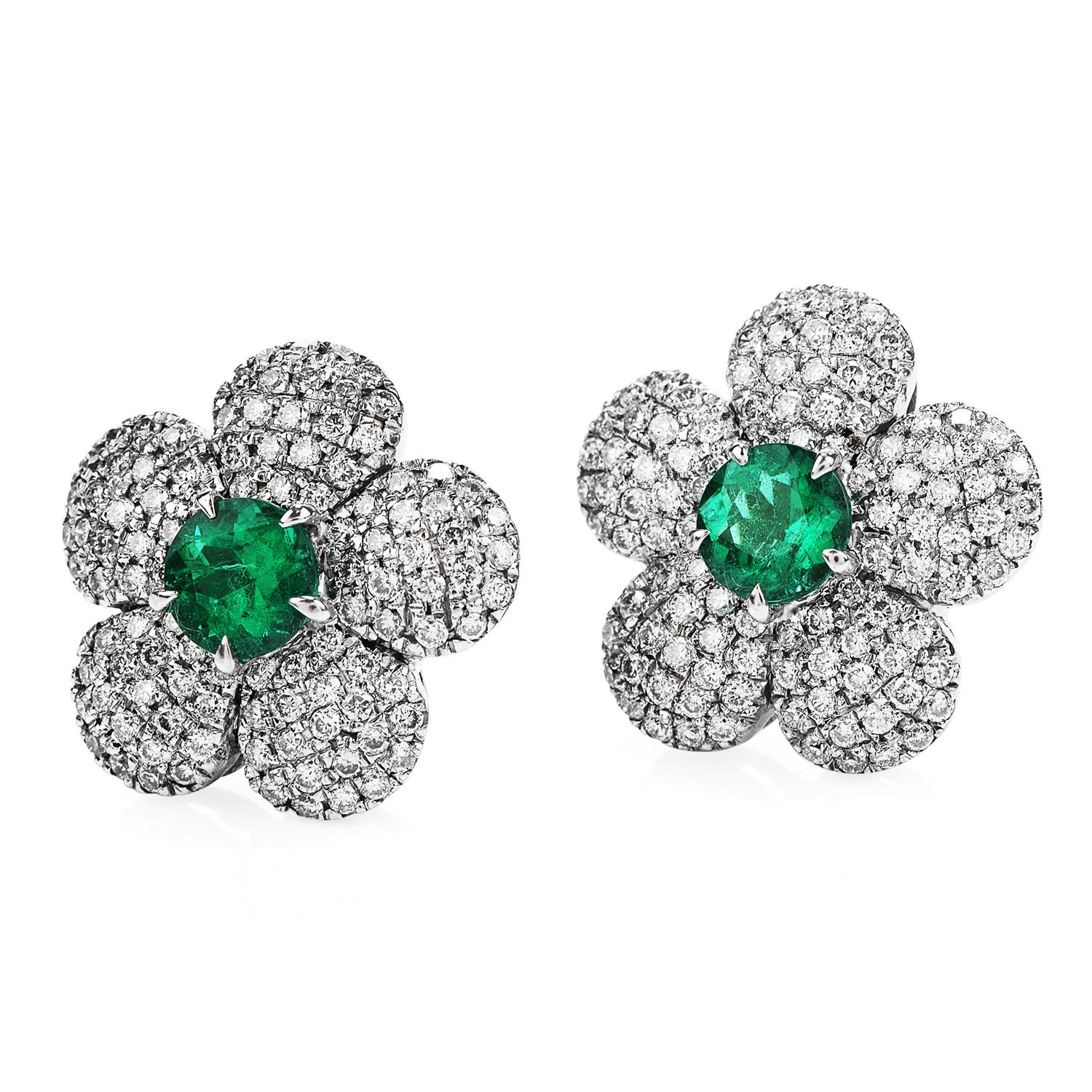 Dress up with these Flower Motif Stud Earrings. Perfect for Spring Time!

Crafted in Solid 18K White Gold, with a Petal Design of Cluster Pave set, Round Cut Diamonds with a total carat weight of 1.50 cts, VS Clarity, H-I Color.  Displaying vivid