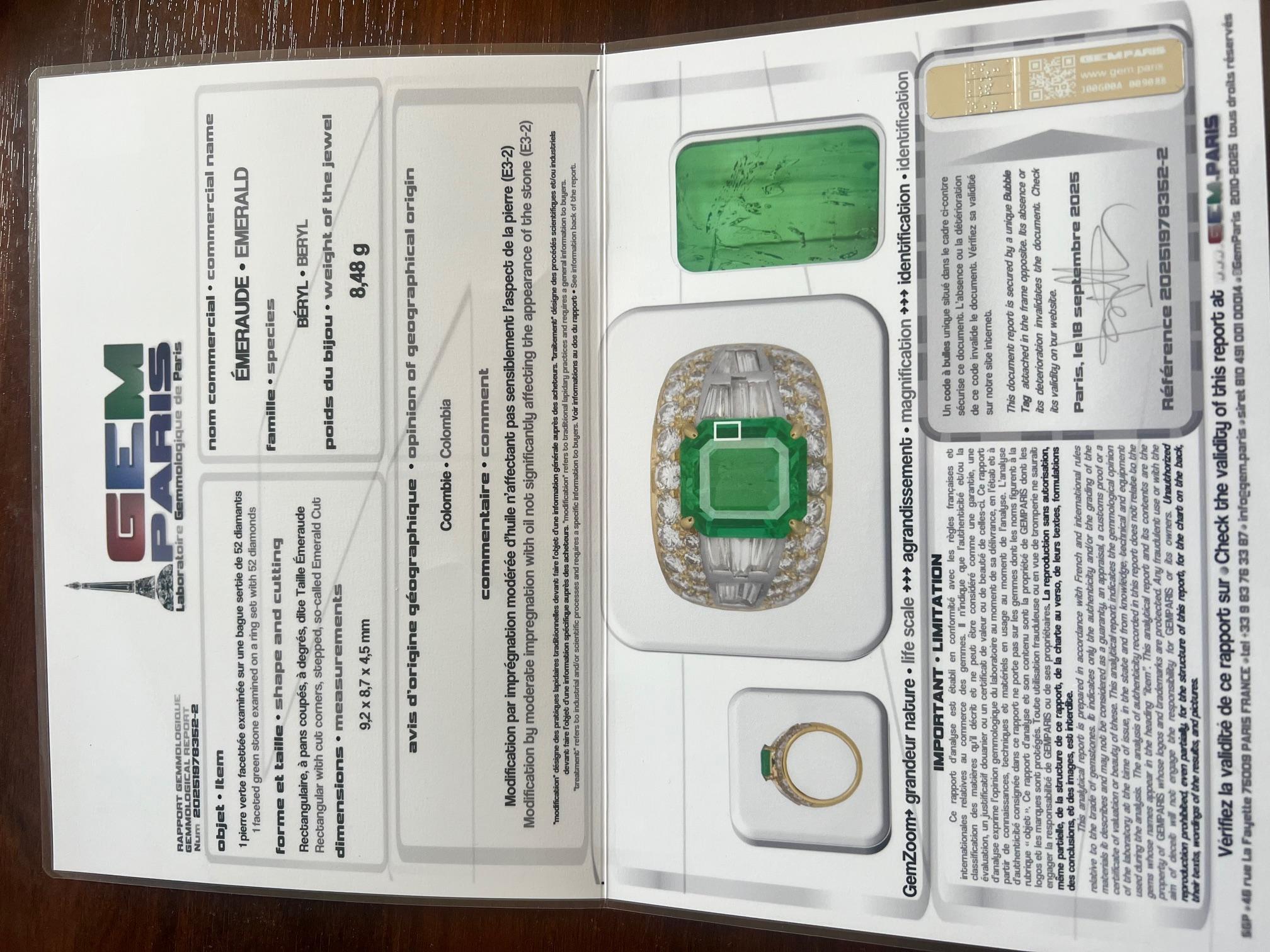 Bague d'émeraude colombienne des années 1980 avec diamants en or jaune 18 carats en vente 11